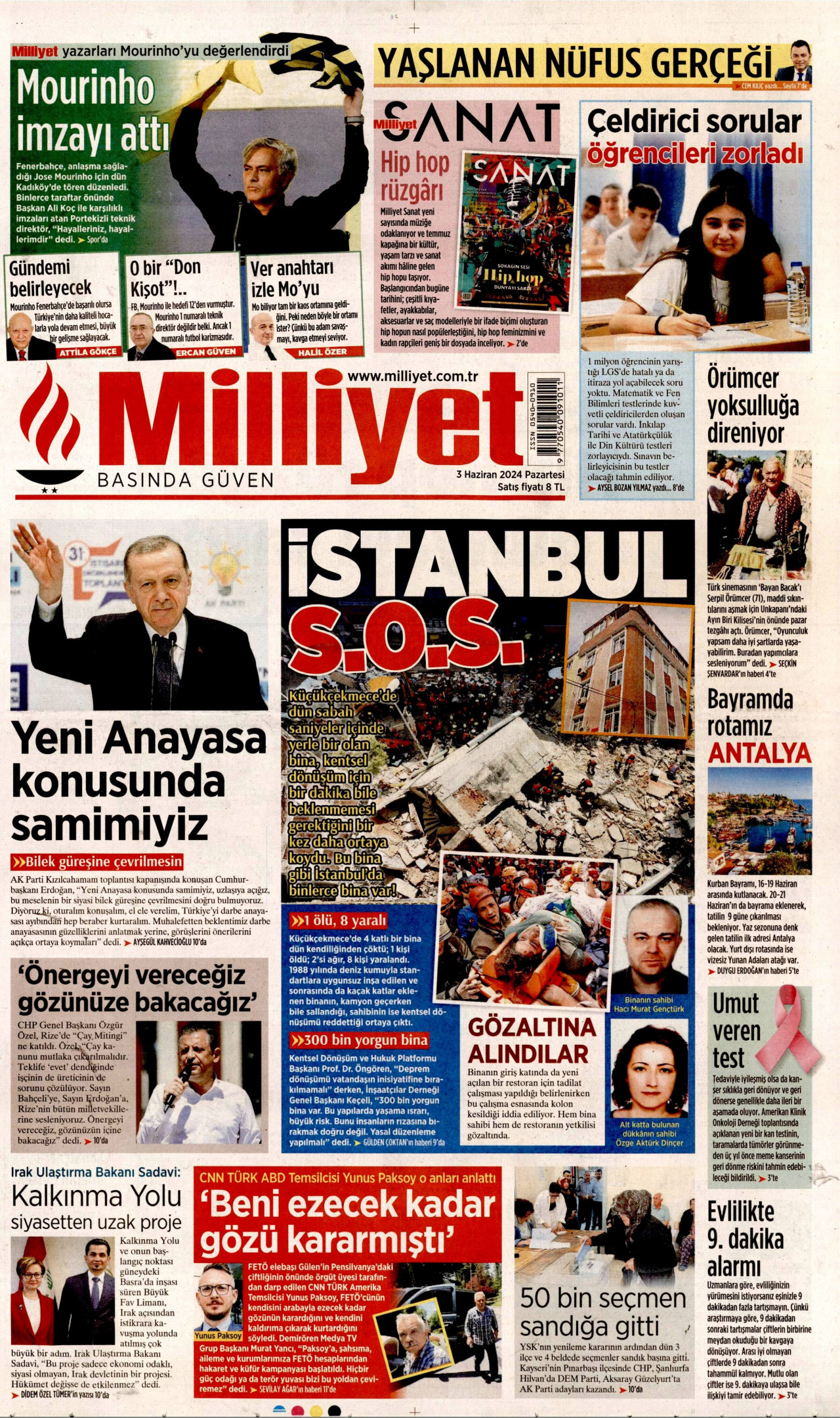 MİLLİYET gazetesinin 3 Haziran 2024 tarihli birinci sayfası