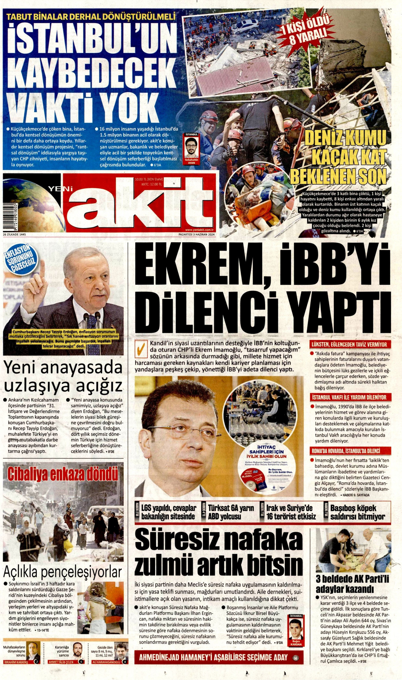 YENİ AKİT gazetesinin 3 Haziran 2024 tarihli birinci sayfası