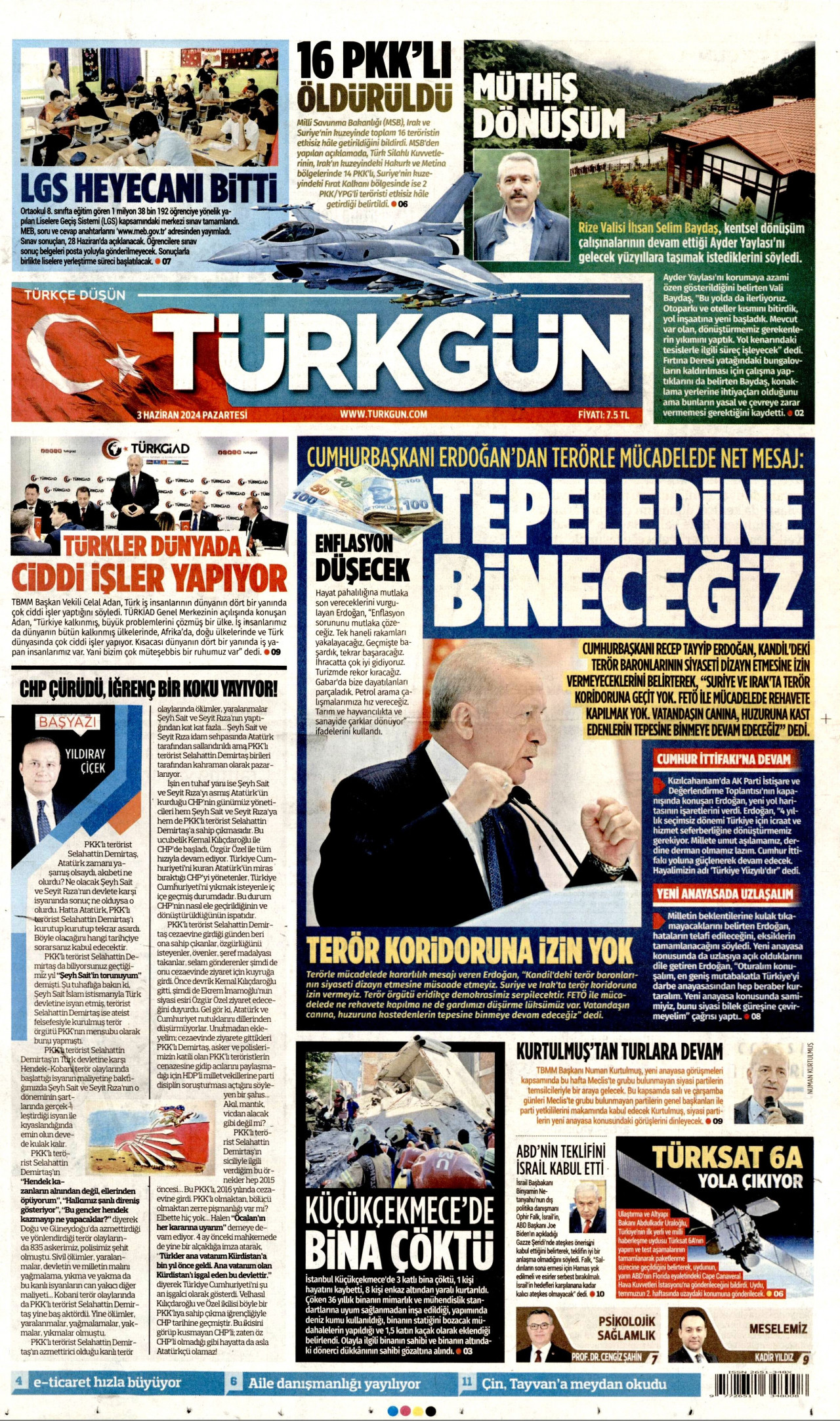 TÜRKGÜN gazetesinin 3 Haziran 2024 tarihli birinci sayfası