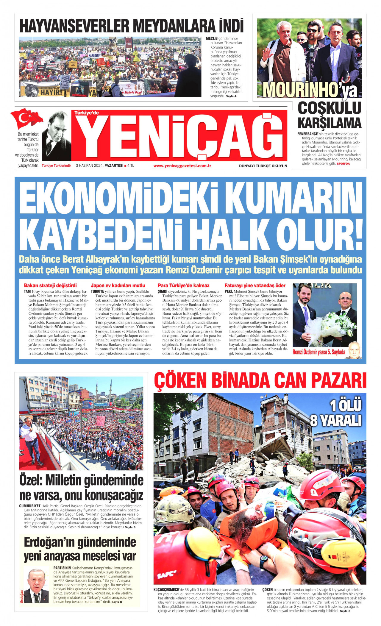 YENİÇAĞ gazetesinin 3 Haziran 2024 tarihli birinci sayfası