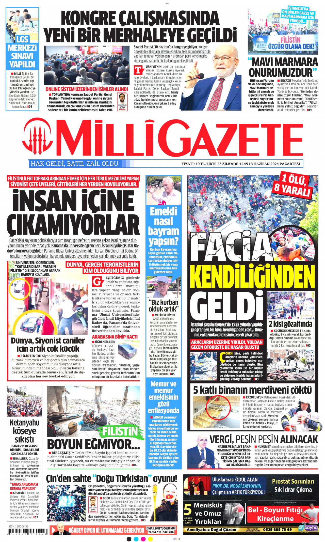 MİLLİ GAZETE gazetesinin 3 Haziran 2024 tarihli birinci sayfası