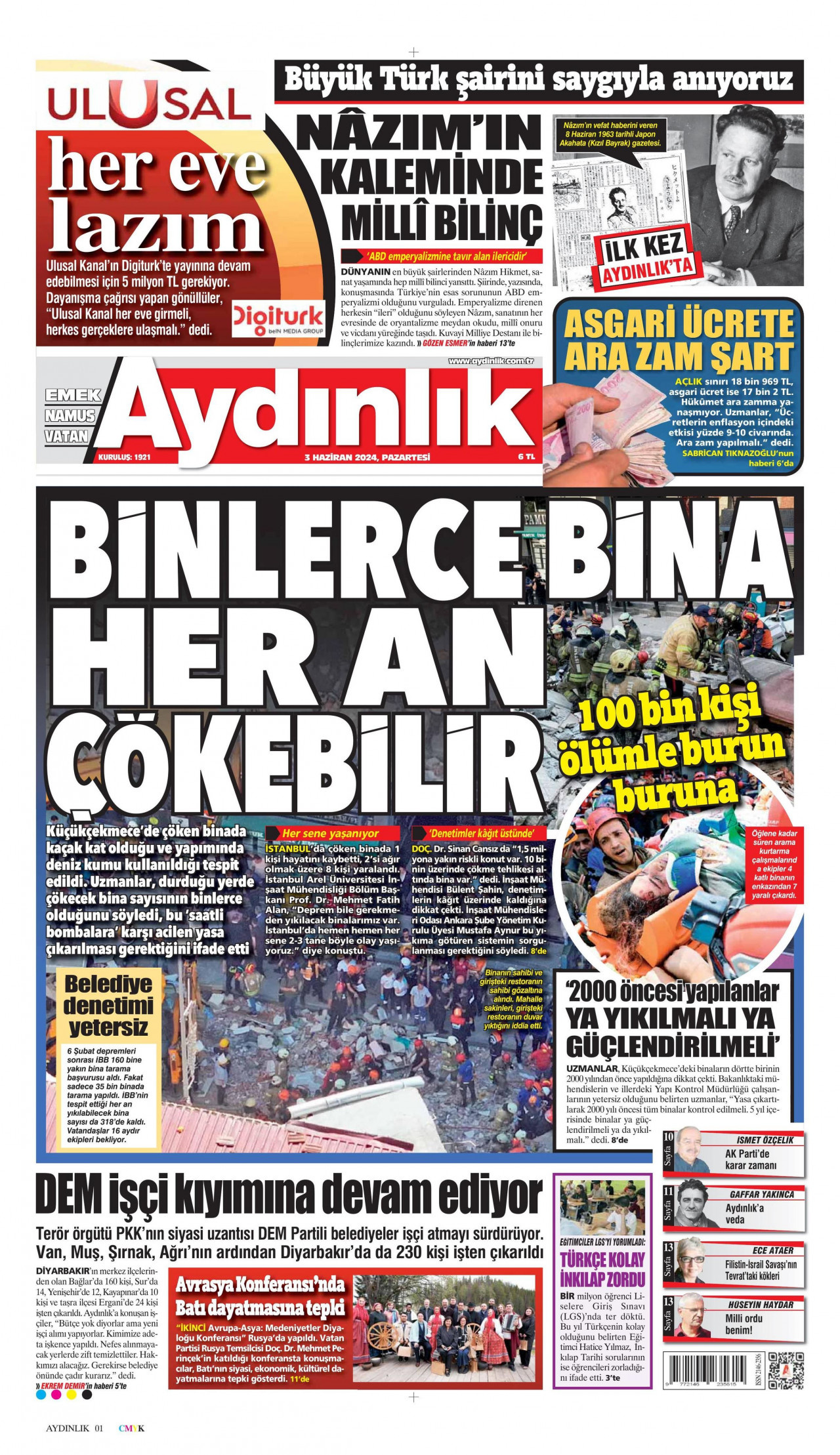 AYDINLIK GAZETESİ gazetesinin 3 Haziran 2024 tarihli birinci sayfası
