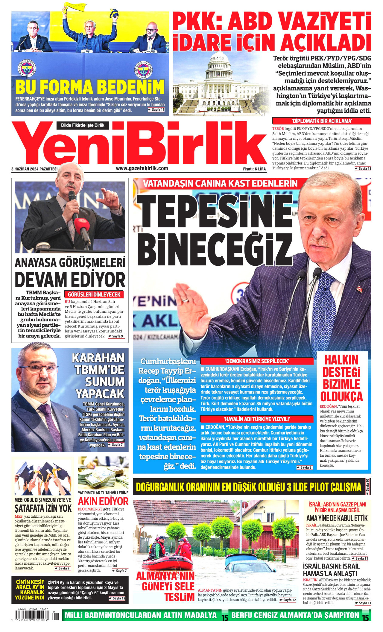 YENİBİRLİK gazetesinin 3 Haziran 2024 tarihli birinci sayfası