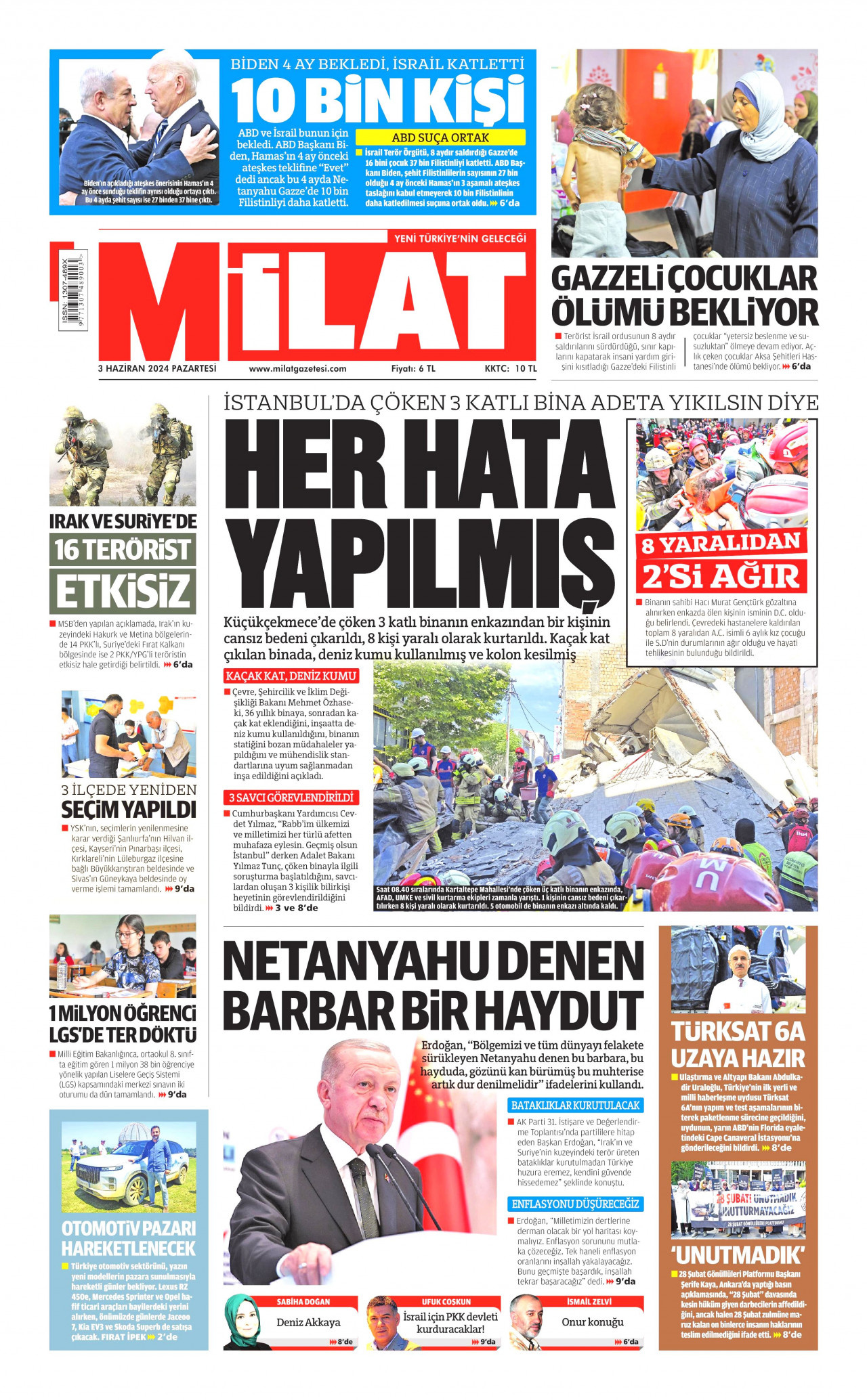 MİLAT gazetesinin 3 Haziran 2024 tarihli birinci sayfası