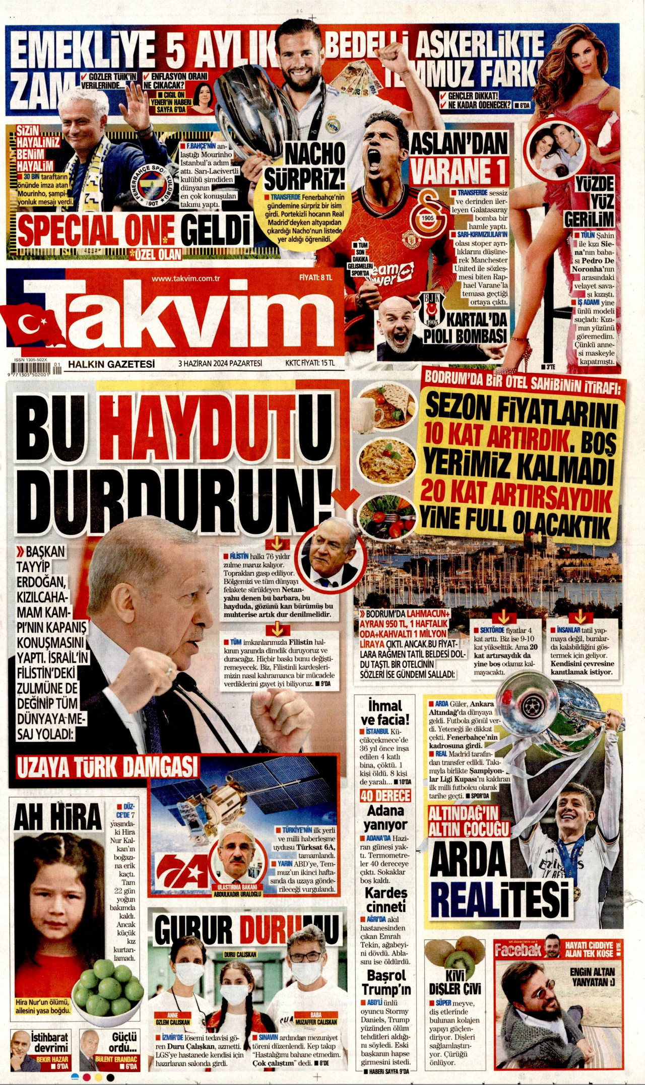 TAKVİM gazetesinin 3 Haziran 2024 tarihli birinci sayfası