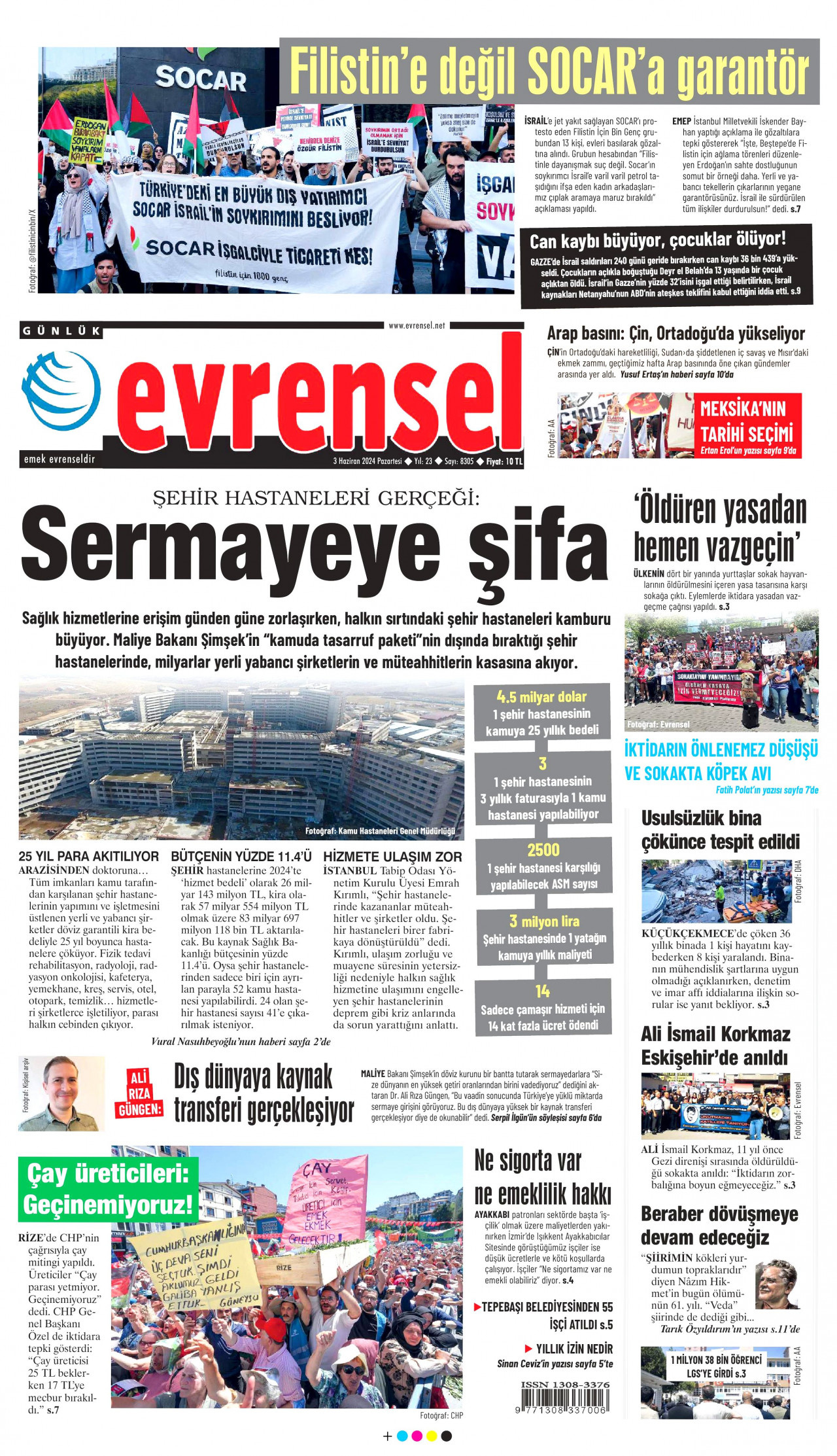 EVRENSEL gazetesinin 3 Haziran 2024 tarihli birinci sayfası