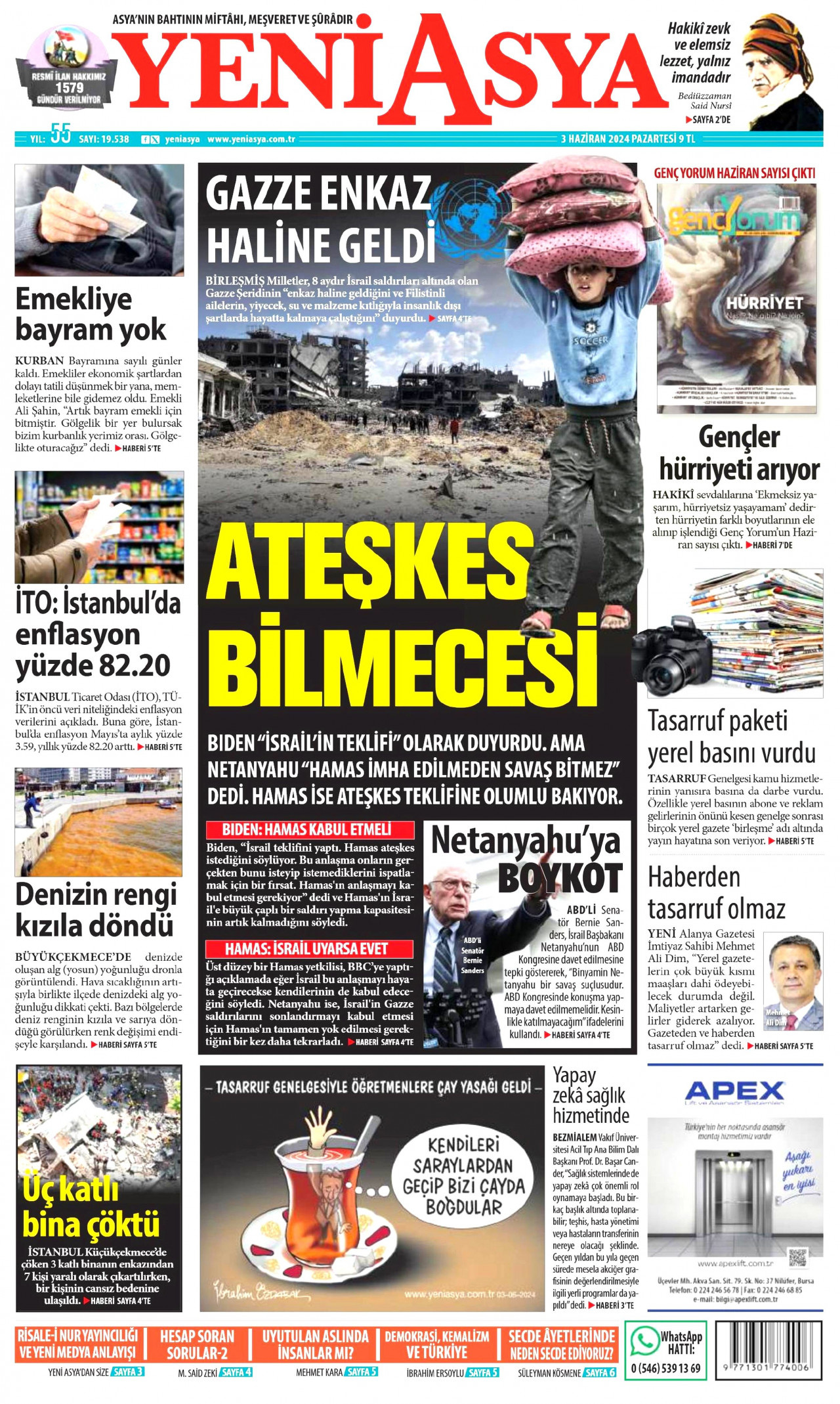 YENİ ASYA gazetesinin 3 Haziran 2024 tarihli birinci sayfası