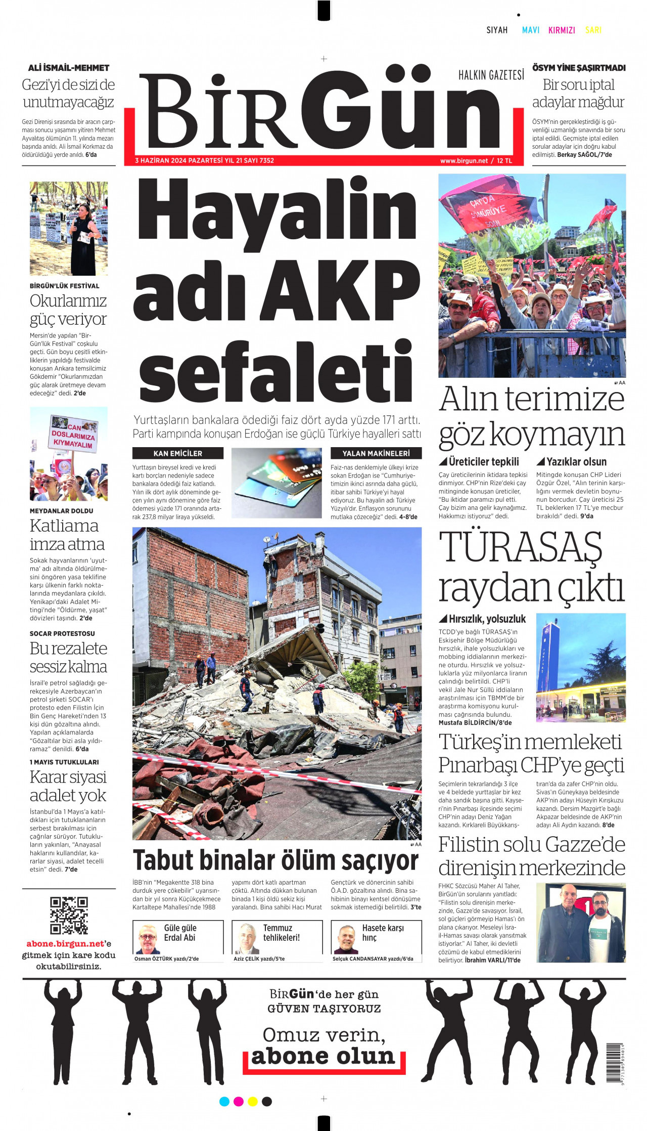 BİRGÜN gazetesinin 3 Haziran 2024 tarihli birinci sayfası