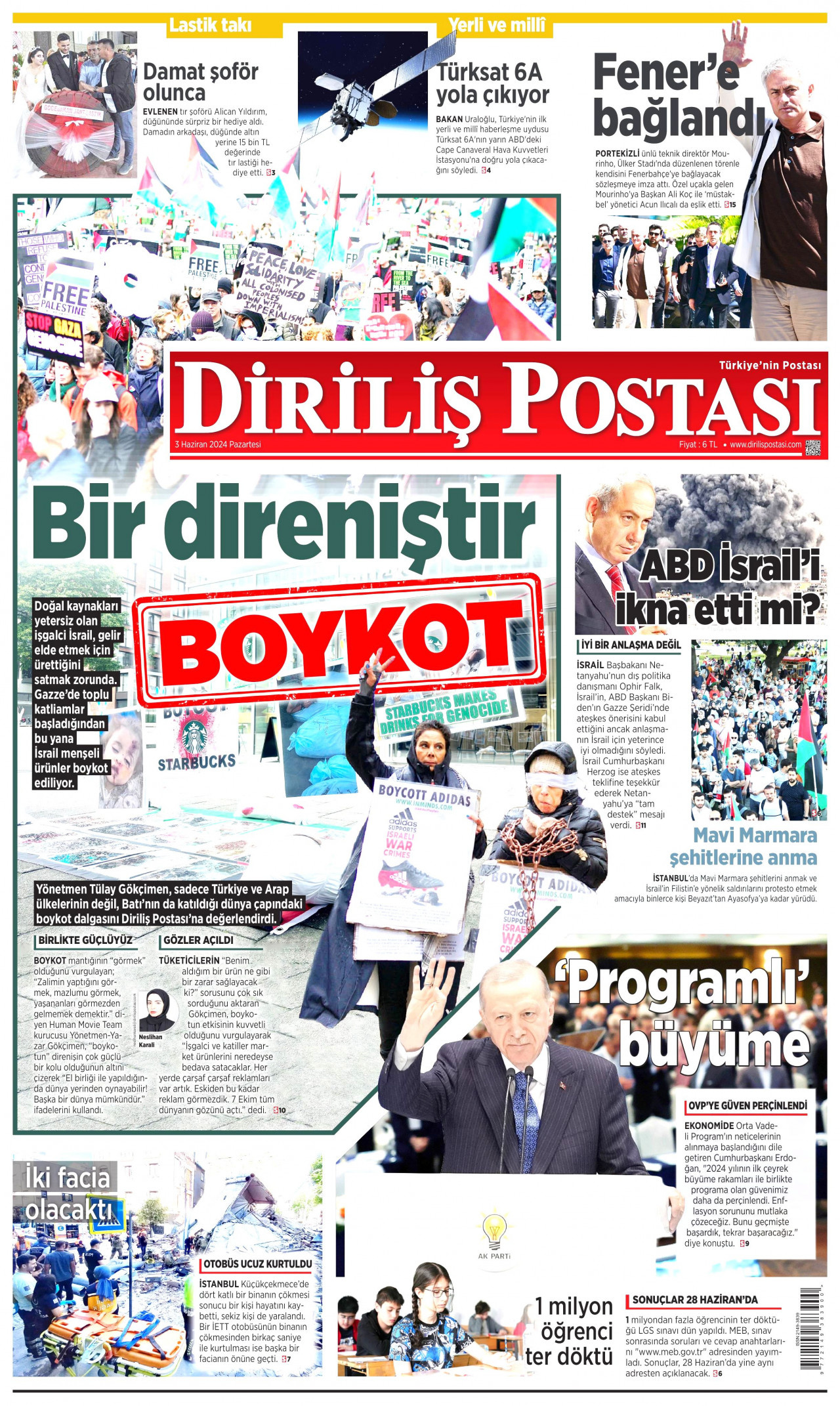 DİRİLİŞ POSTASI gazetesinin 3 Haziran 2024 tarihli birinci sayfası