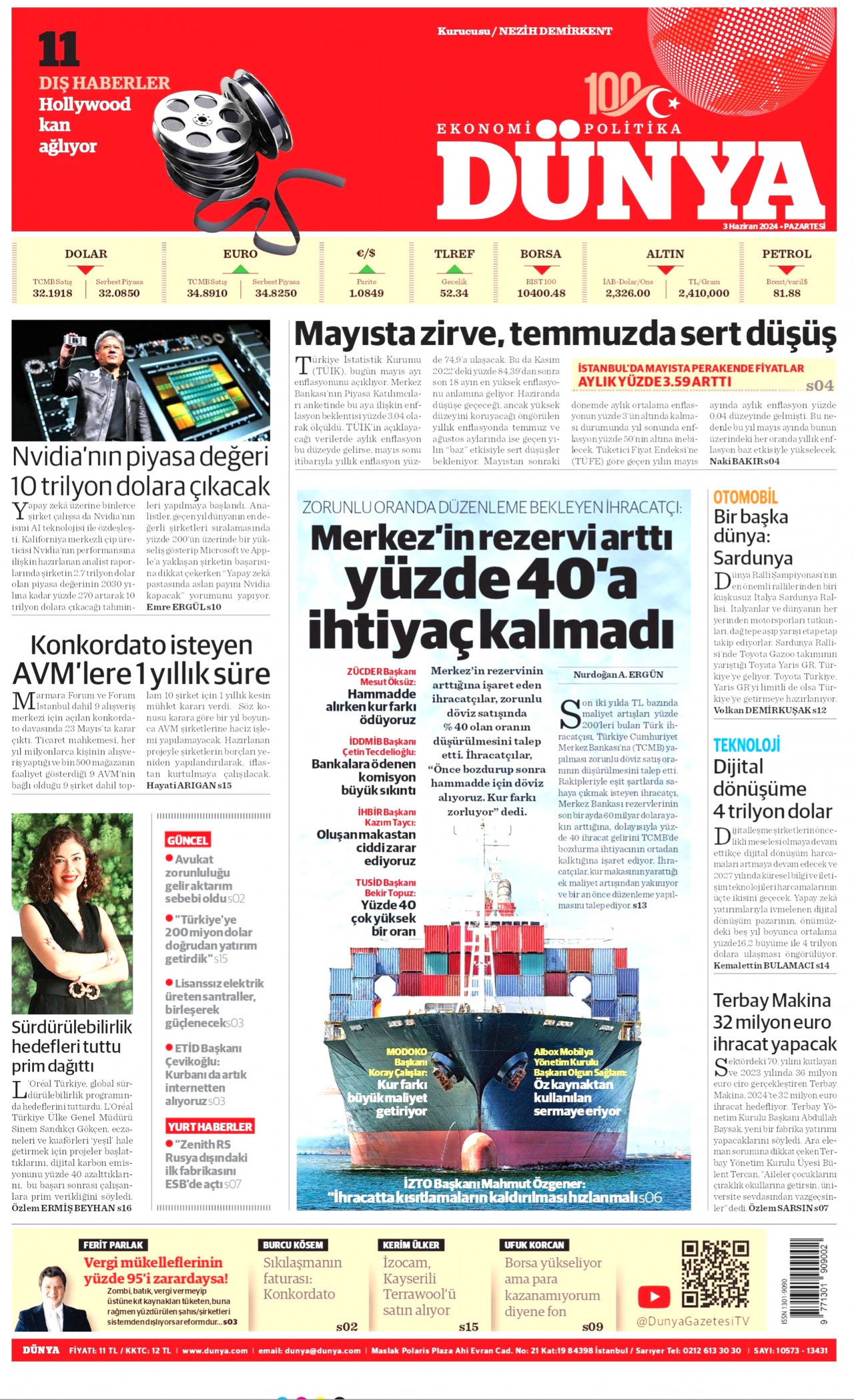 DÜNYA gazetesinin 3 Haziran 2024 tarihli birinci sayfası