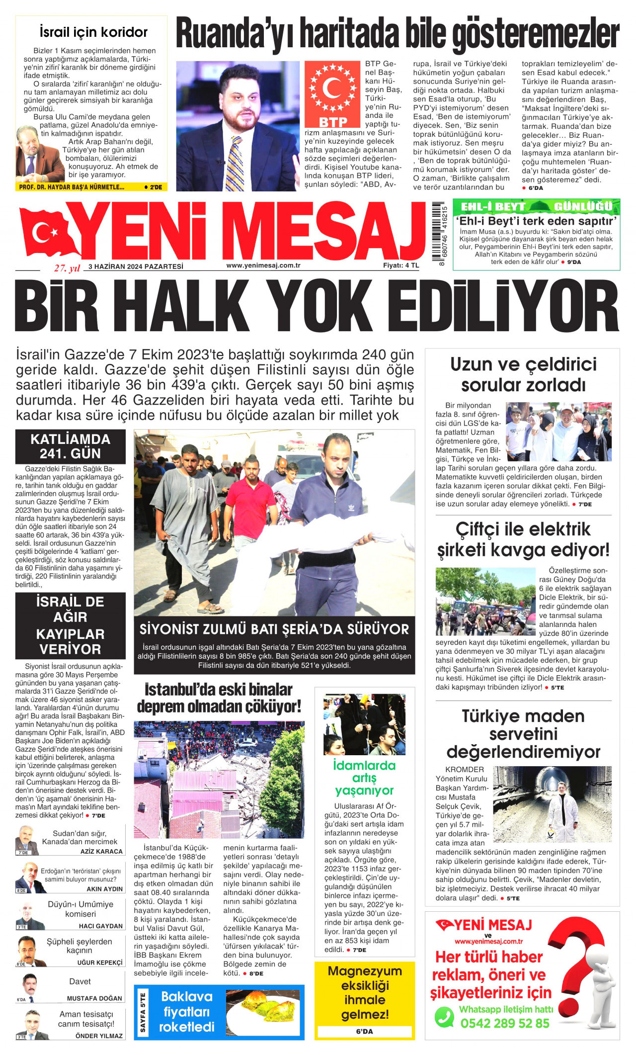 YENİ MESAJ gazetesinin 3 Haziran 2024 tarihli birinci sayfası