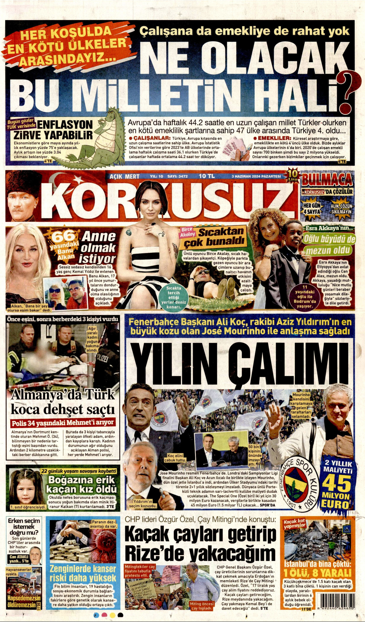 KORKUSUZ gazetesinin 3 Haziran 2024 tarihli birinci sayfası