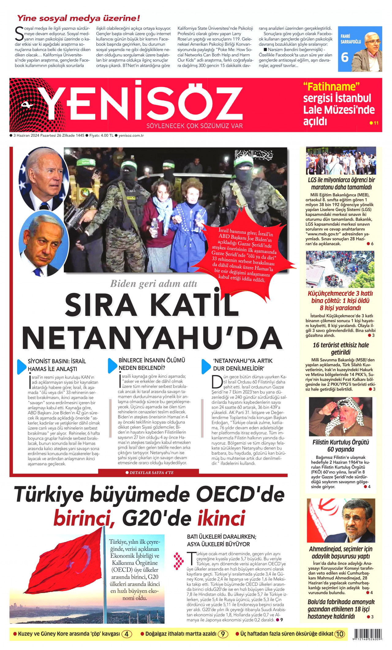YENİ SÖZ GAZETESİ gazetesinin 3 Haziran 2024 tarihli birinci sayfası