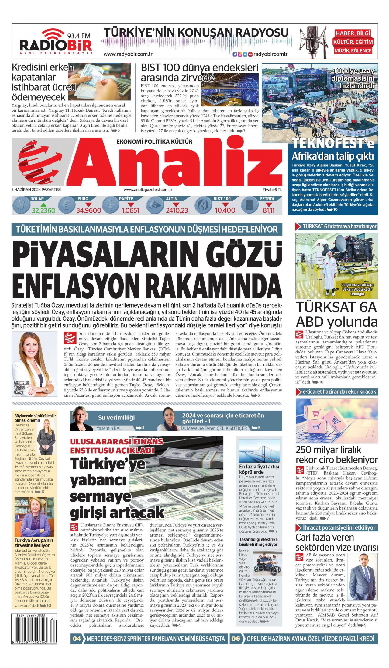 ANALİZ gazetesinin 3 Haziran 2024 tarihli birinci sayfası