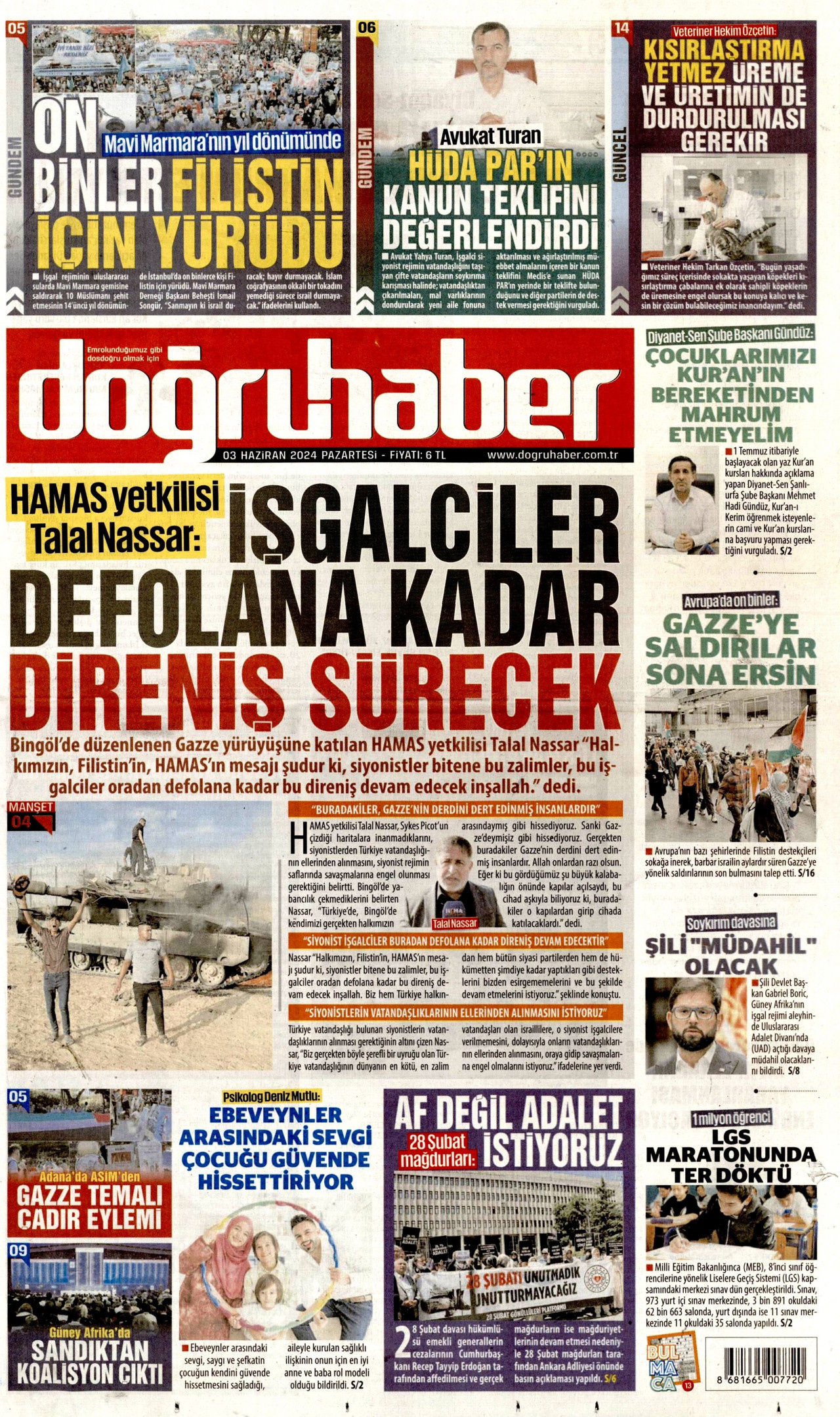 DOĞRU HABER gazetesinin 3 Haziran 2024 tarihli birinci sayfası