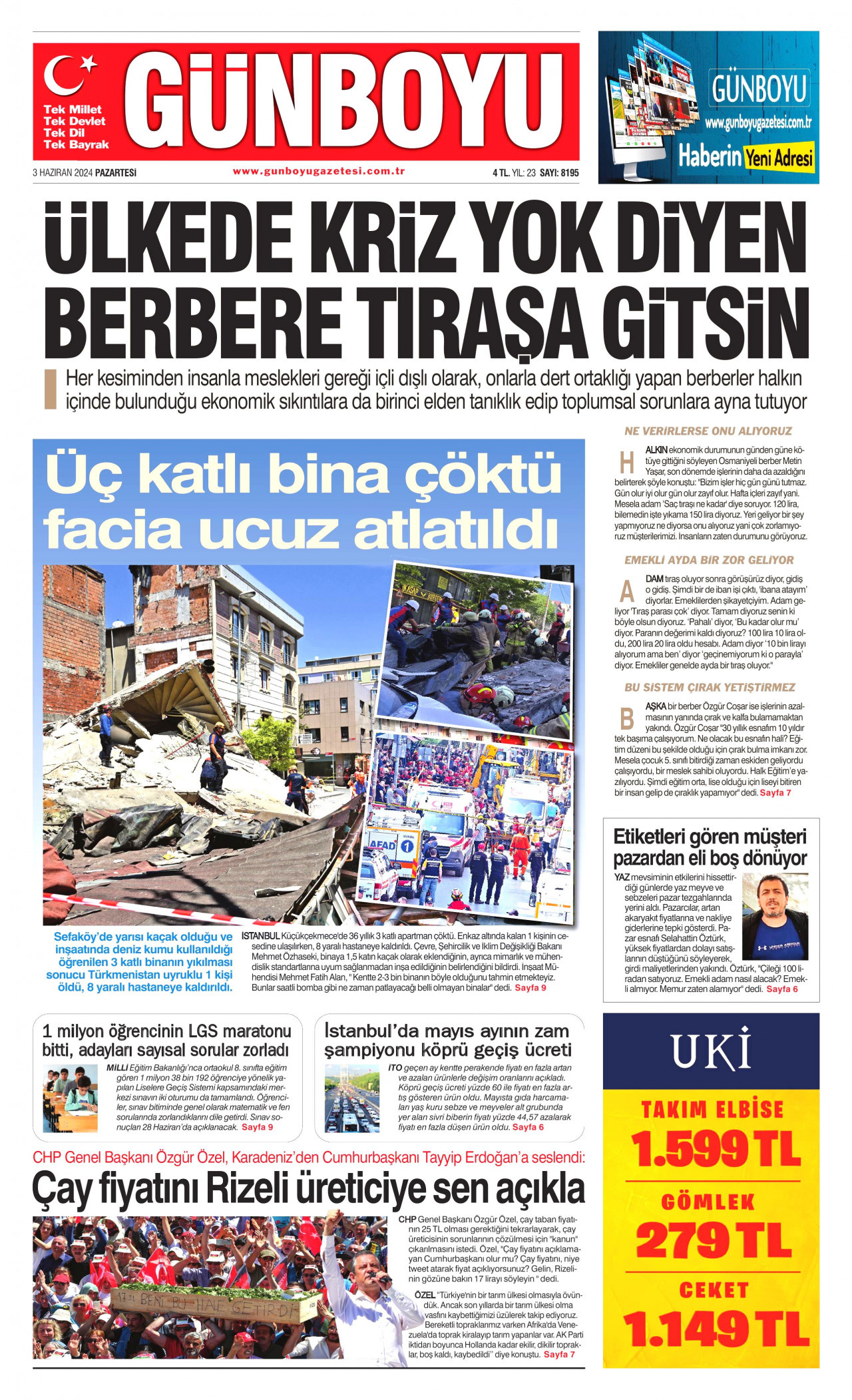 GÜNBOYU gazetesinin 3 Haziran 2024 tarihli birinci sayfası