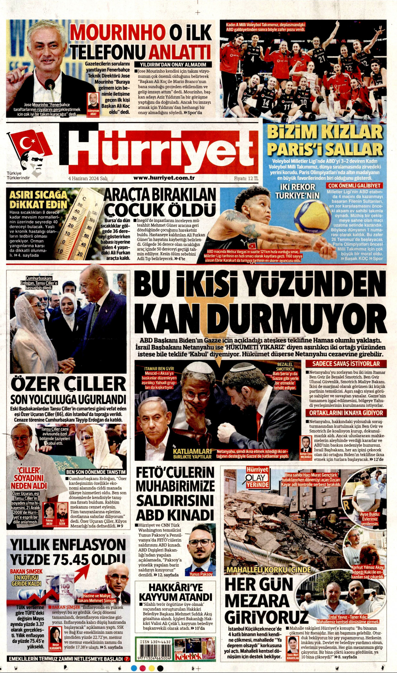 HÜRRİYET gazetesinin 4 Haziran 2024 tarihli birinci sayfası