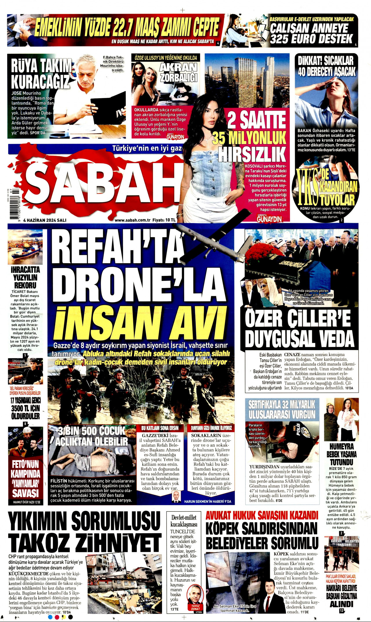 SABAH gazetesinin 4 Haziran 2024 tarihli birinci sayfası