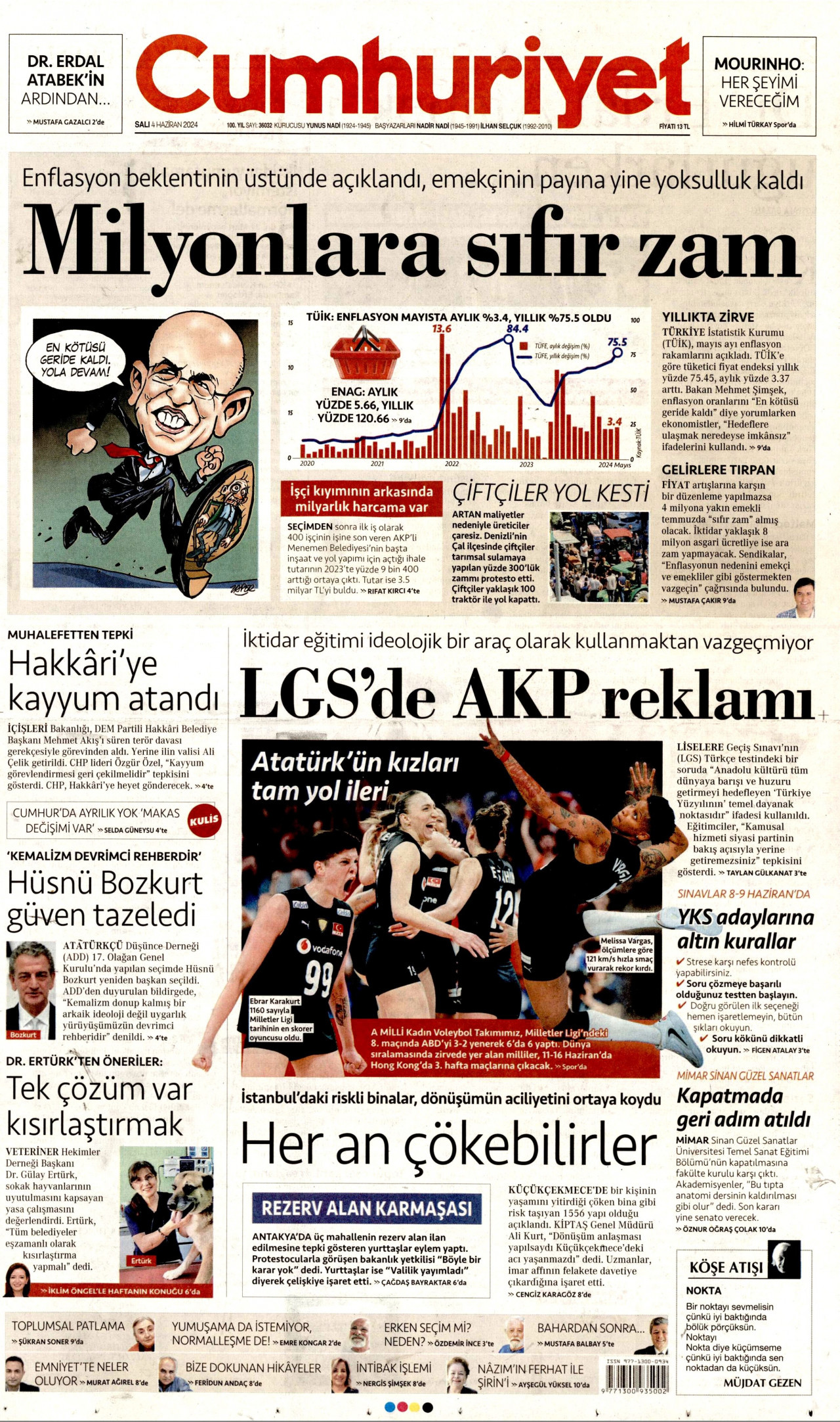 CUMHURİYET gazetesinin 4 Haziran 2024 tarihli birinci sayfası