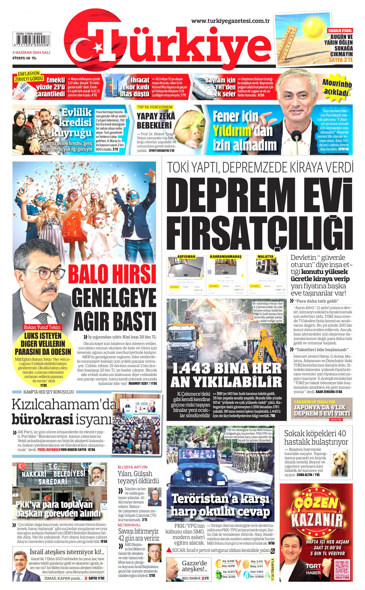 TÜRKİYE GAZETESİ gazetesinin 4 Haziran 2024 tarihli birinci sayfası