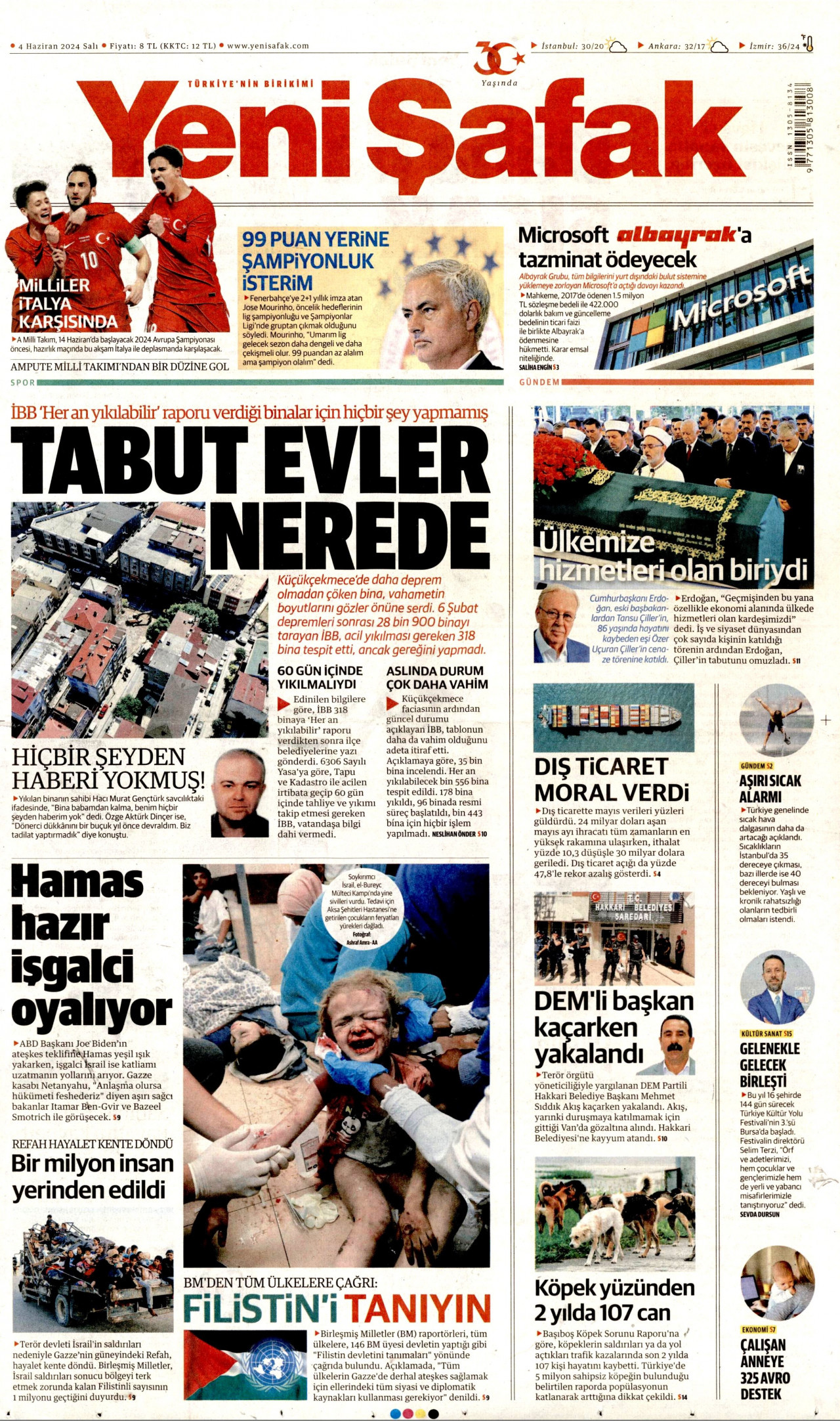YENİ ŞAFAK gazetesinin 4 Haziran 2024 tarihli birinci sayfası