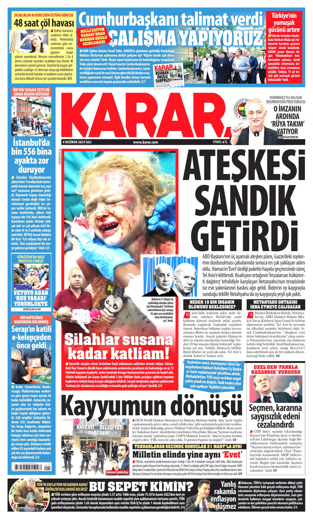 KARAR gazetesinin 4 Haziran 2024 tarihli birinci sayfası