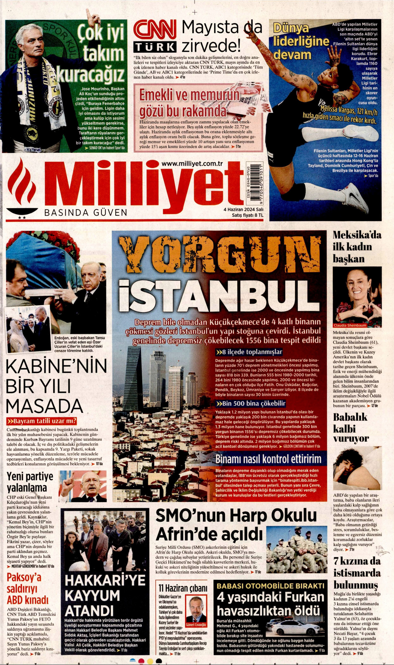 MİLLİYET gazetesinin 4 Haziran 2024 tarihli birinci sayfası