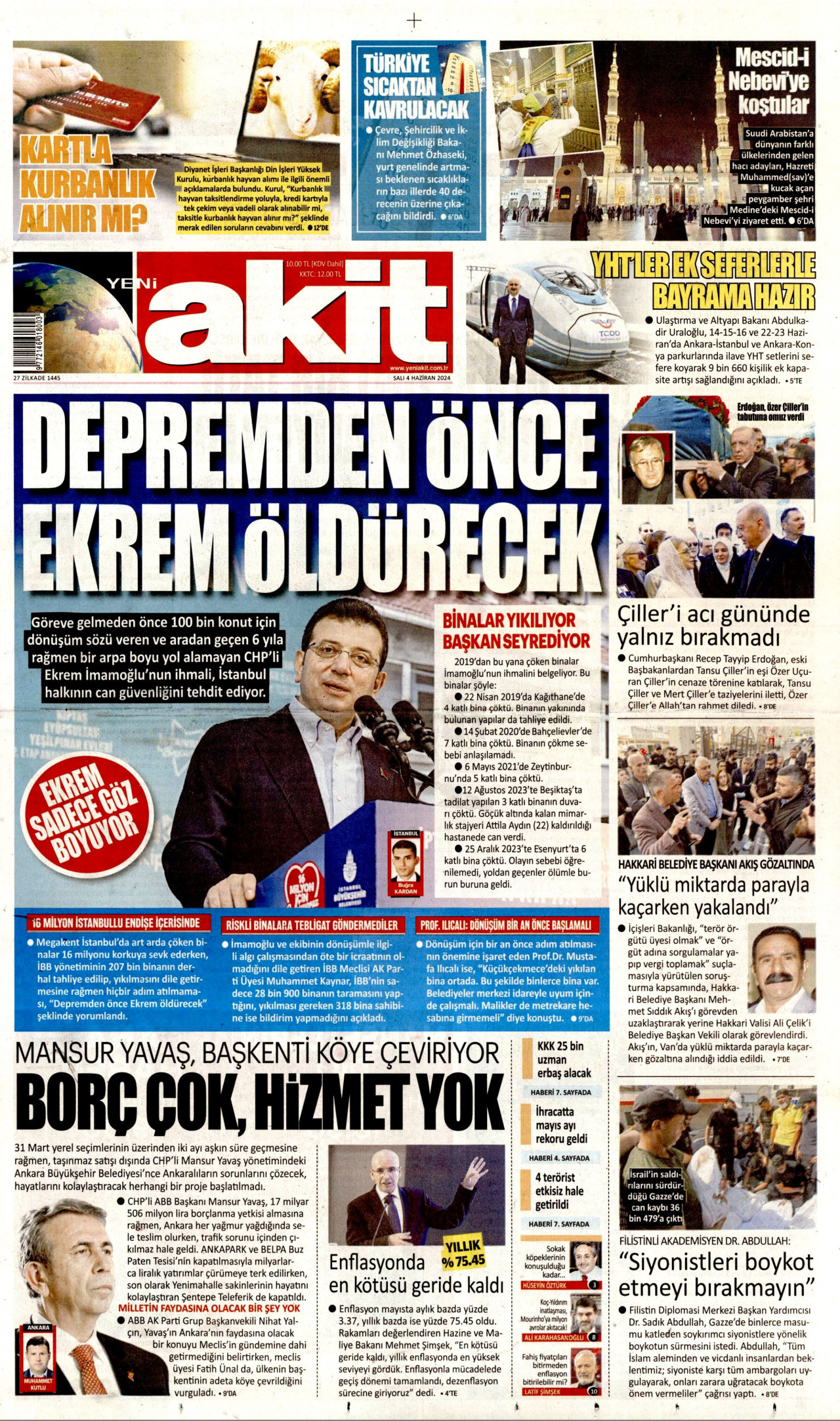 YENİ AKİT gazetesinin 4 Haziran 2024 tarihli birinci sayfası