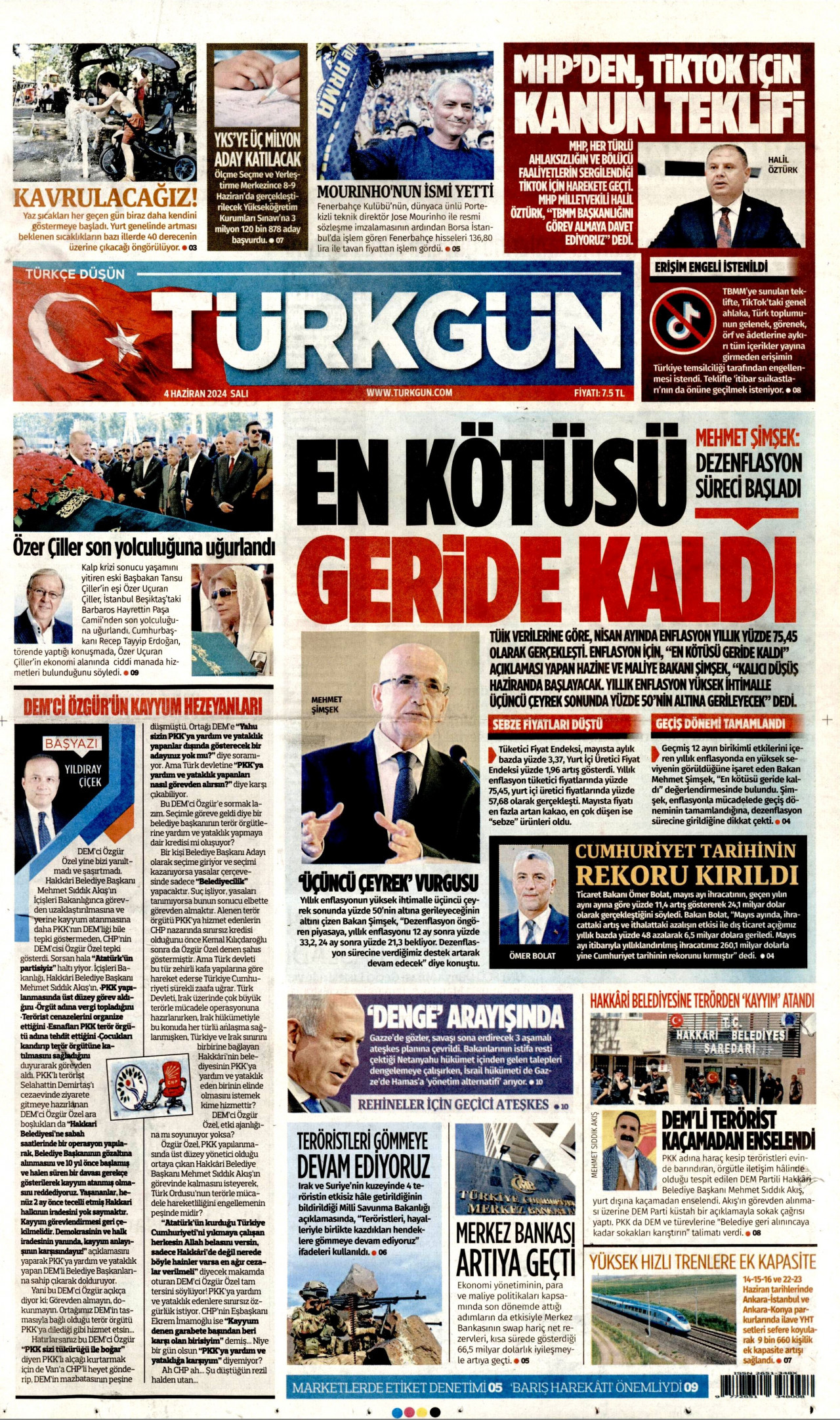 TÜRKGÜN gazetesinin 4 Haziran 2024 tarihli birinci sayfası