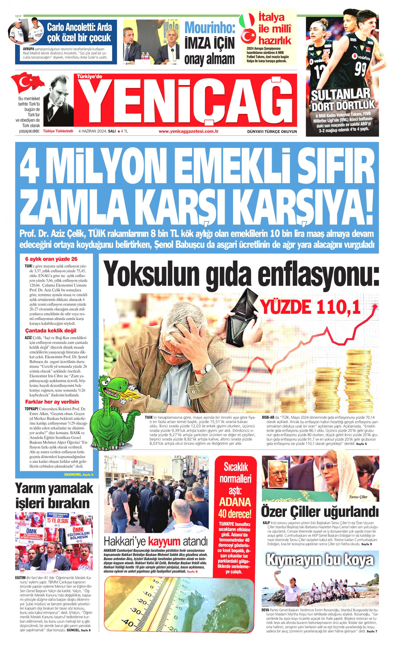 YENİÇAĞ gazetesinin 4 Haziran 2024 tarihli birinci sayfası