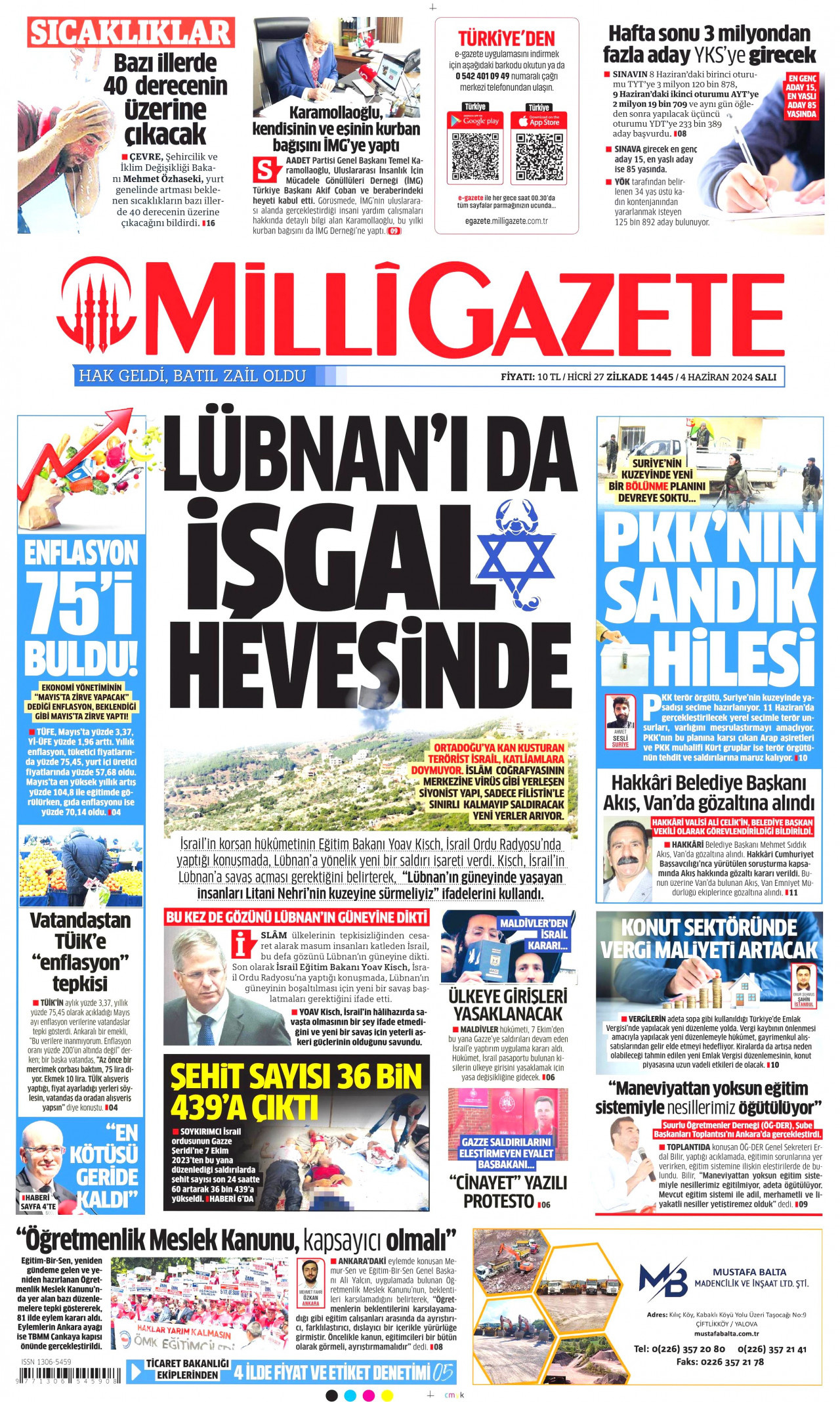 MİLLİ GAZETE gazetesinin 4 Haziran 2024 tarihli birinci sayfası