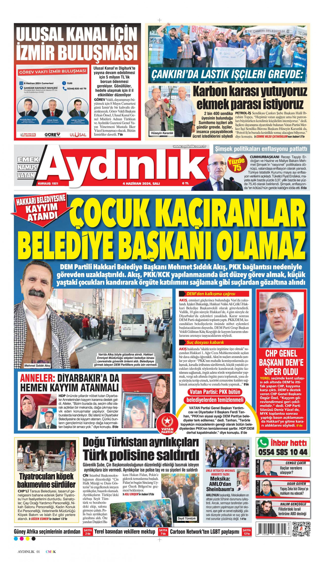 AYDINLIK GAZETESİ gazetesinin 4 Haziran 2024 tarihli birinci sayfası