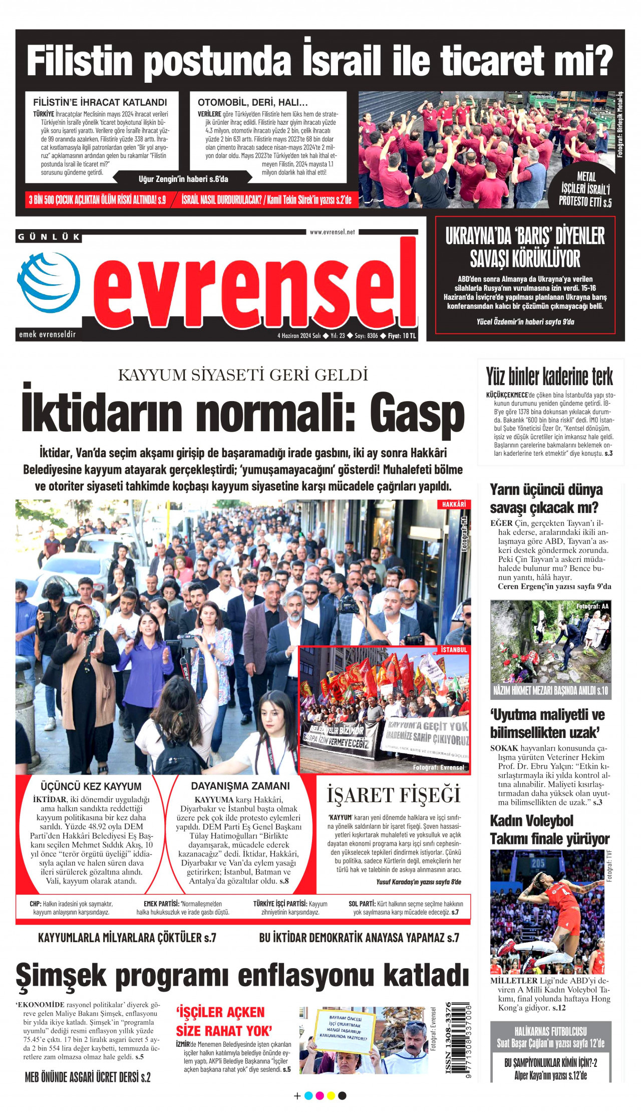 EVRENSEL gazetesinin 4 Haziran 2024 tarihli birinci sayfası