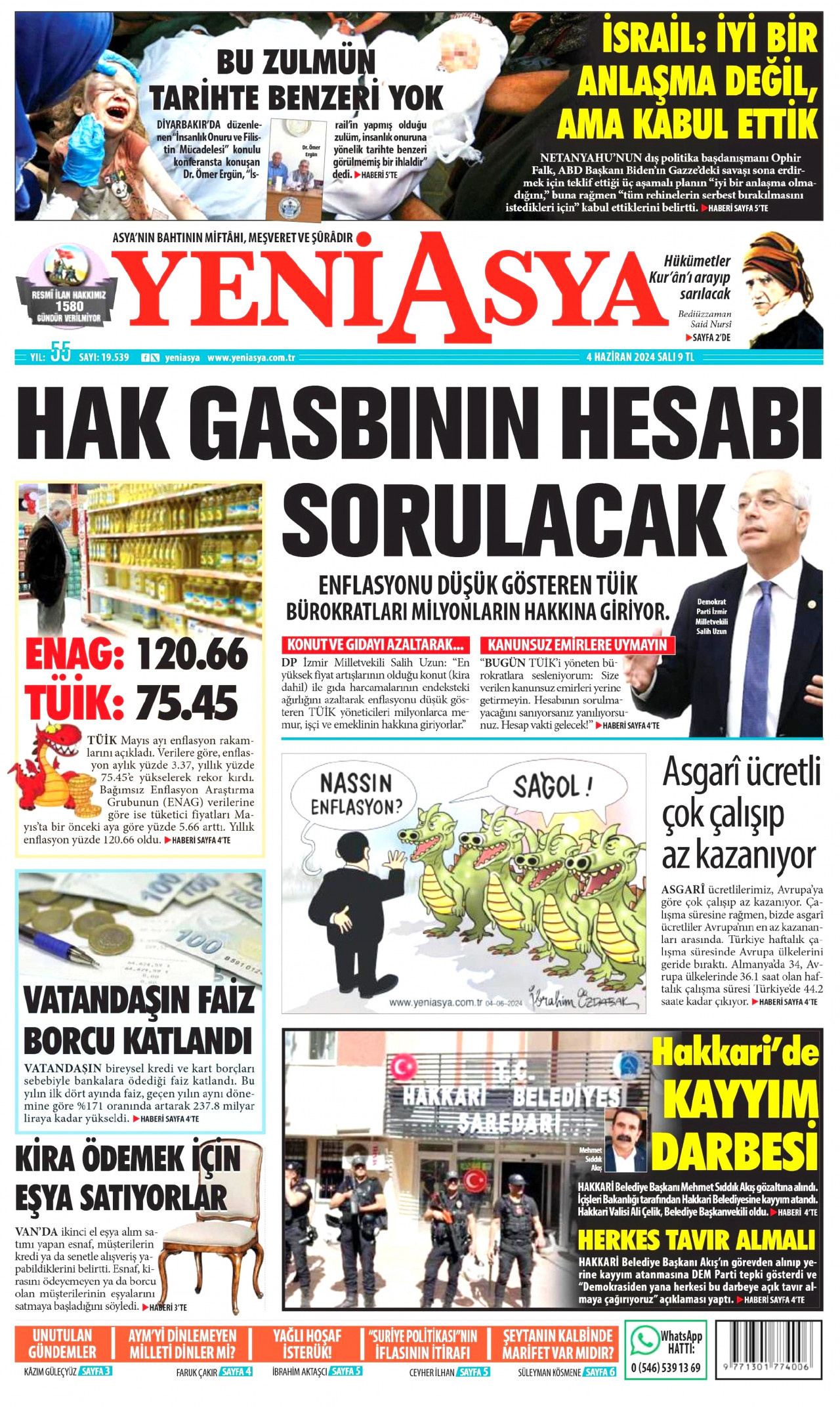 YENİ ASYA gazetesinin 4 Haziran 2024 tarihli birinci sayfası