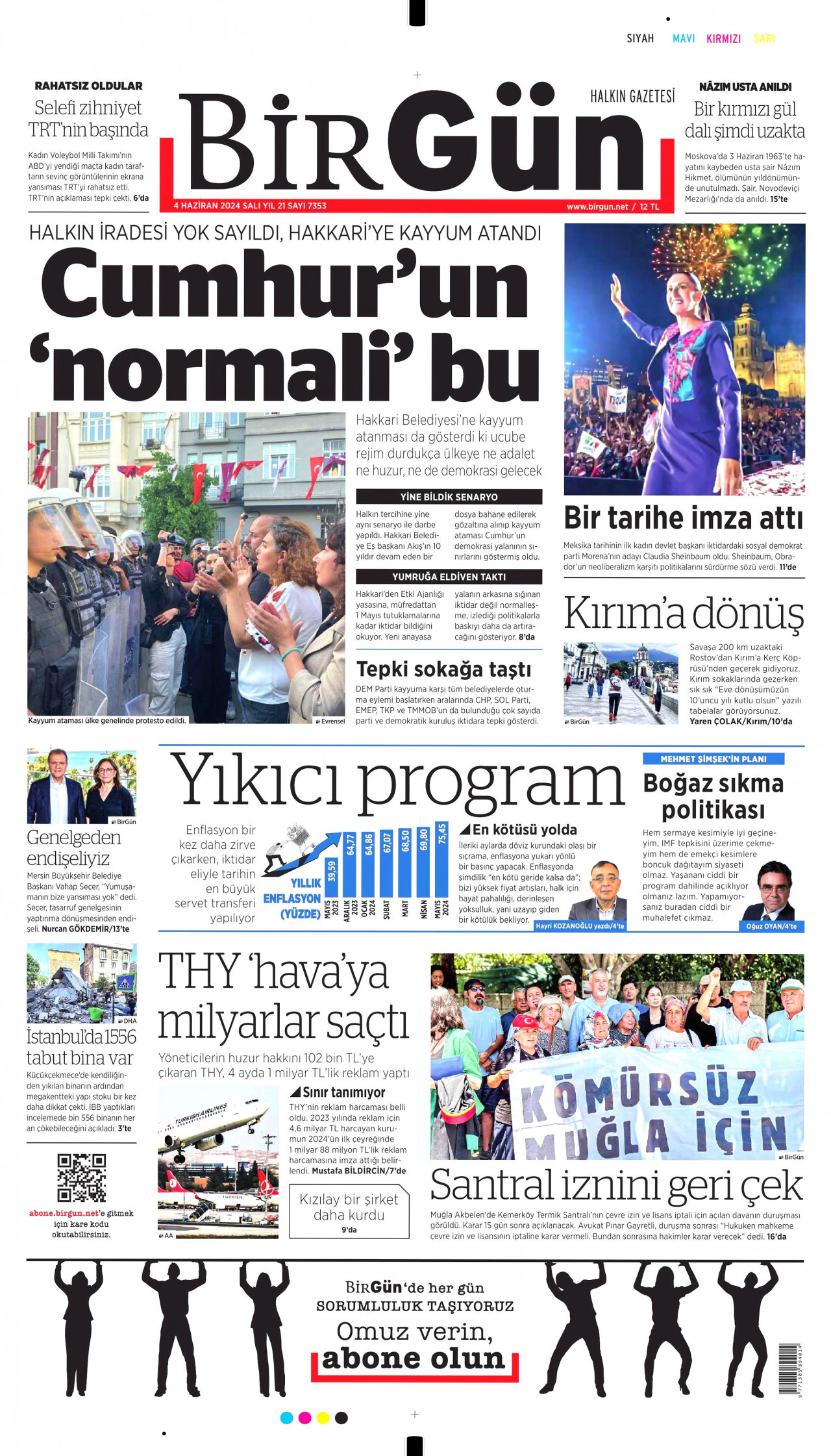 BİRGÜN gazetesinin 4 Haziran 2024 tarihli birinci sayfası