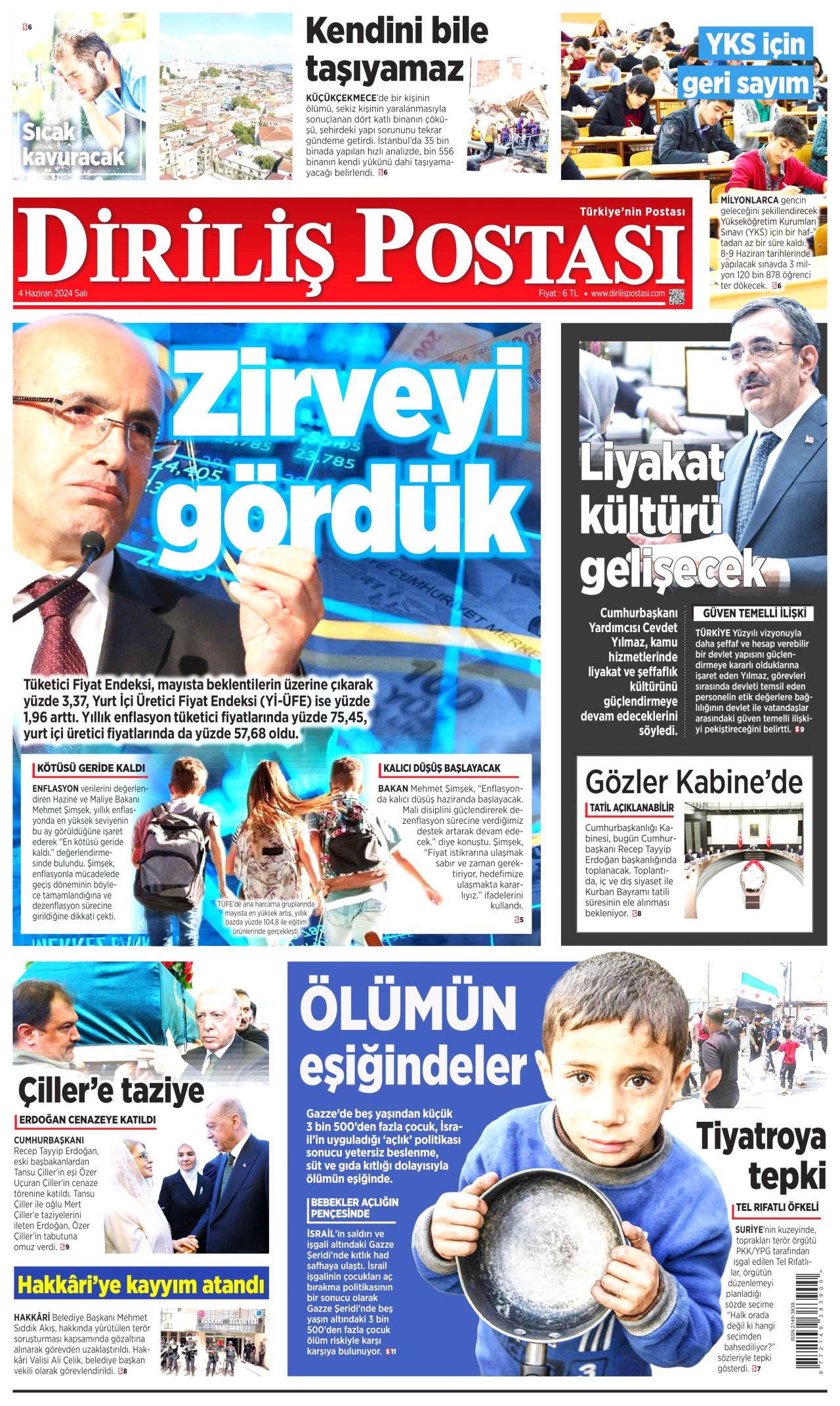 DİRİLİŞ POSTASI gazetesinin 4 Haziran 2024 tarihli birinci sayfası