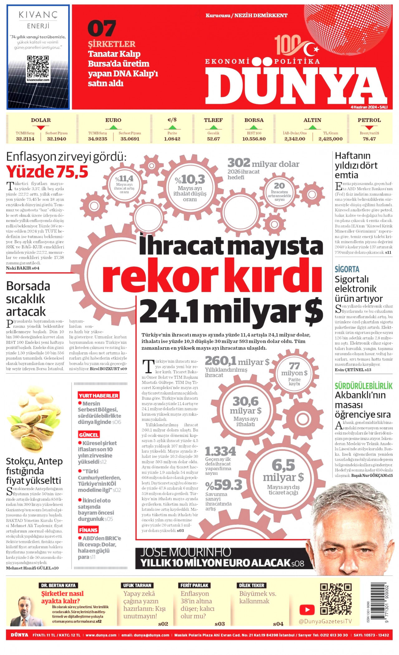 DÜNYA gazetesinin 4 Haziran 2024 tarihli birinci sayfası