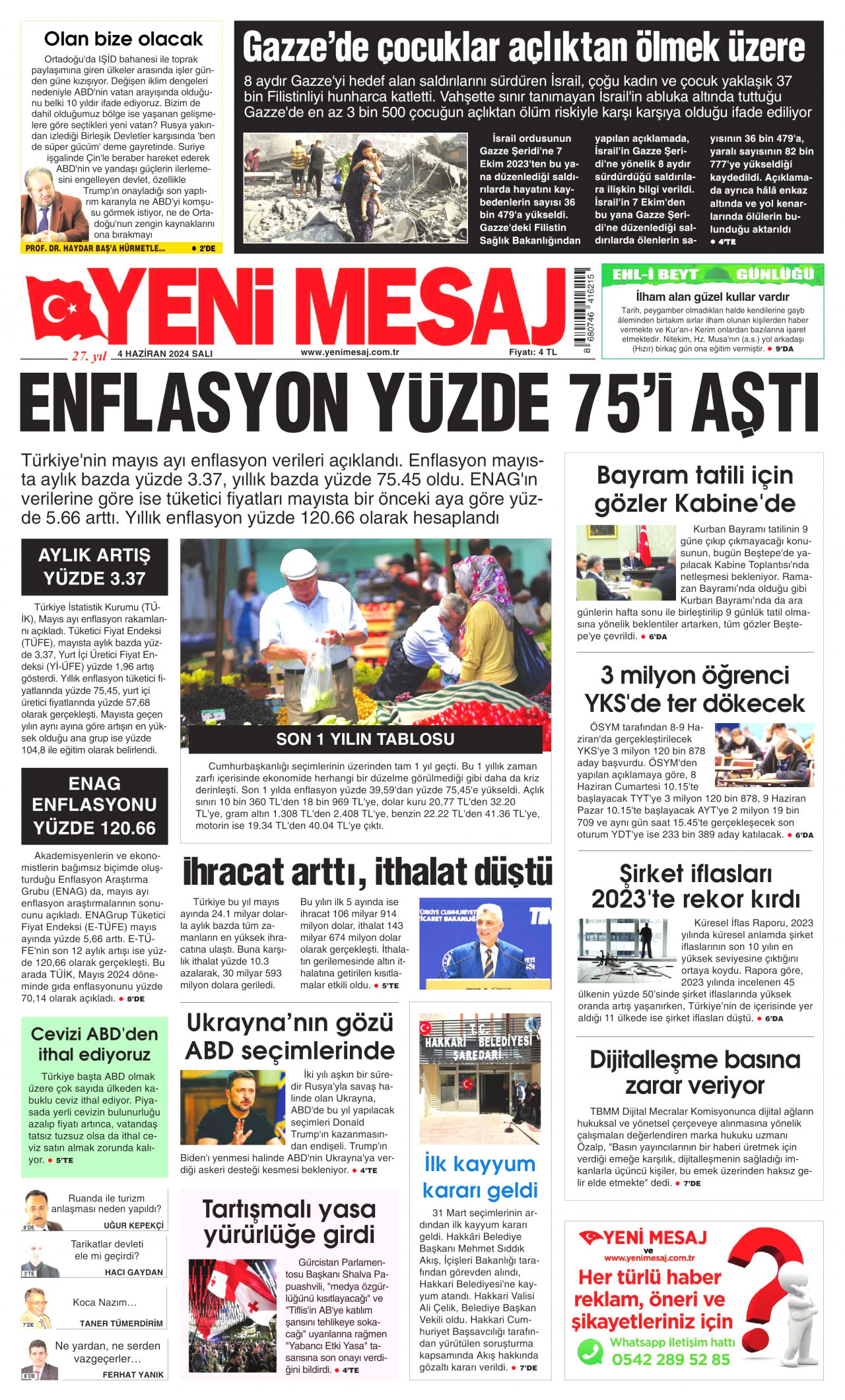 YENİ MESAJ gazetesinin 4 Haziran 2024 tarihli birinci sayfası