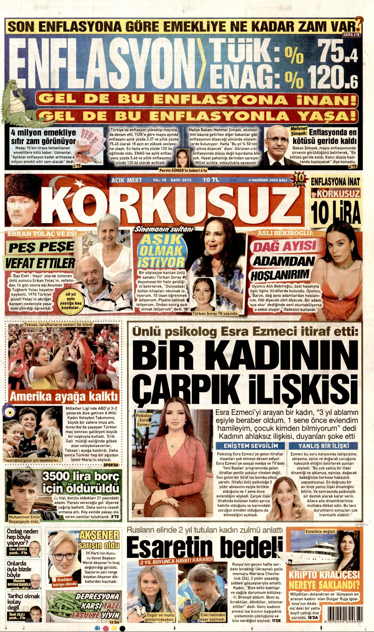 KORKUSUZ gazetesinin 4 Haziran 2024 tarihli birinci sayfası