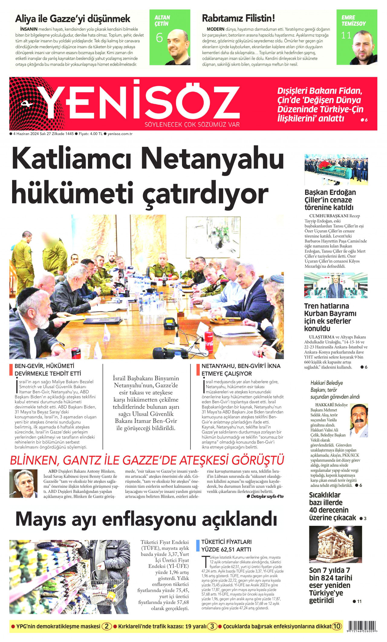 YENİ SÖZ GAZETESİ gazetesinin 4 Haziran 2024 tarihli birinci sayfası