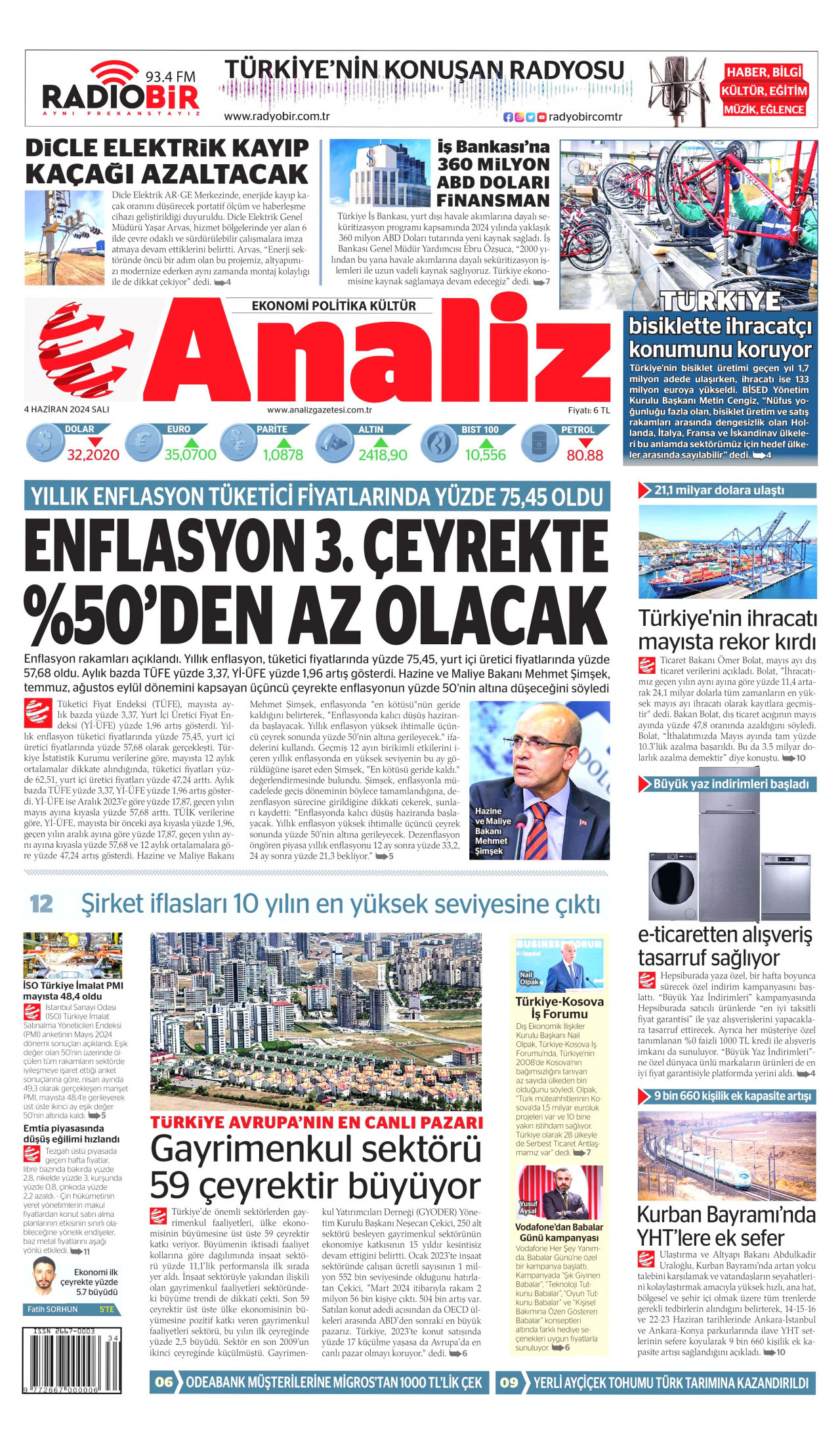 ANALİZ gazetesinin 4 Haziran 2024 tarihli birinci sayfası