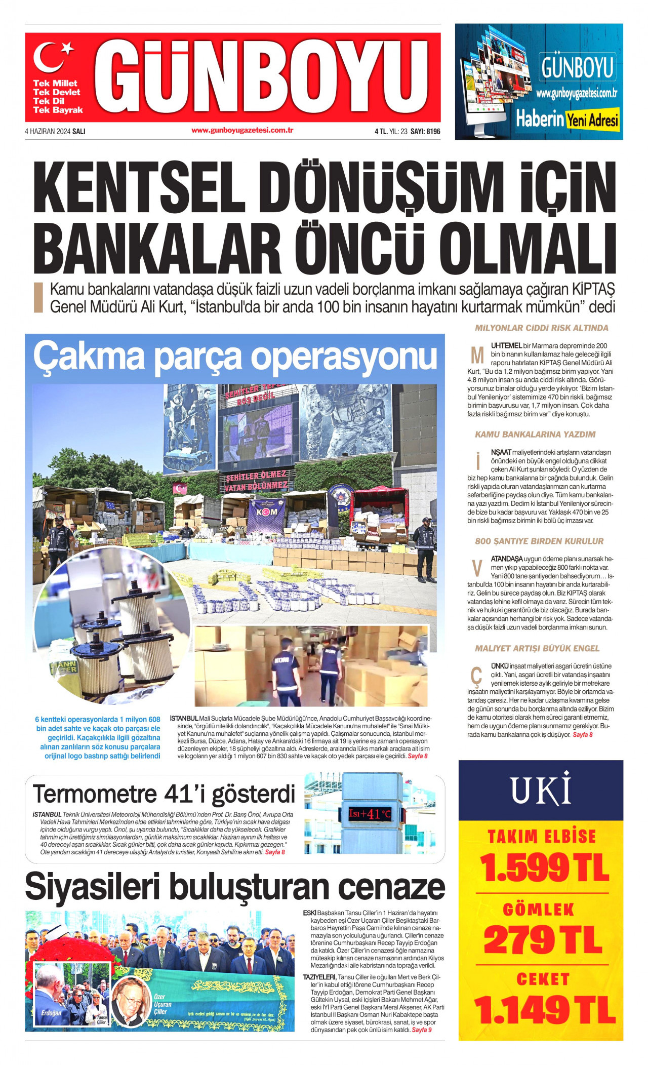 GÜNBOYU gazetesinin 4 Haziran 2024 tarihli birinci sayfası