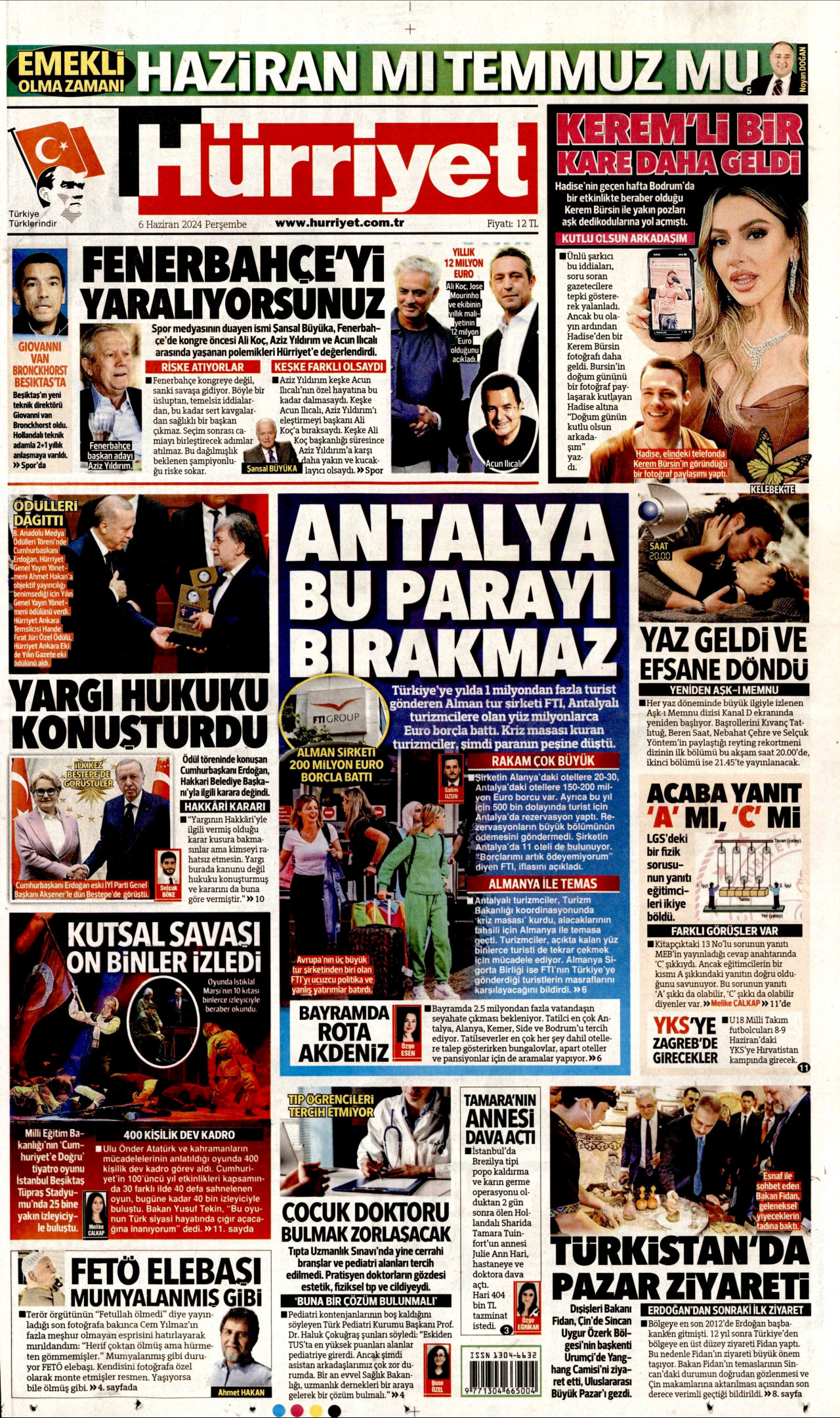 HÜRRİYET gazetesinin 6 Haziran 2024 tarihli birinci sayfası