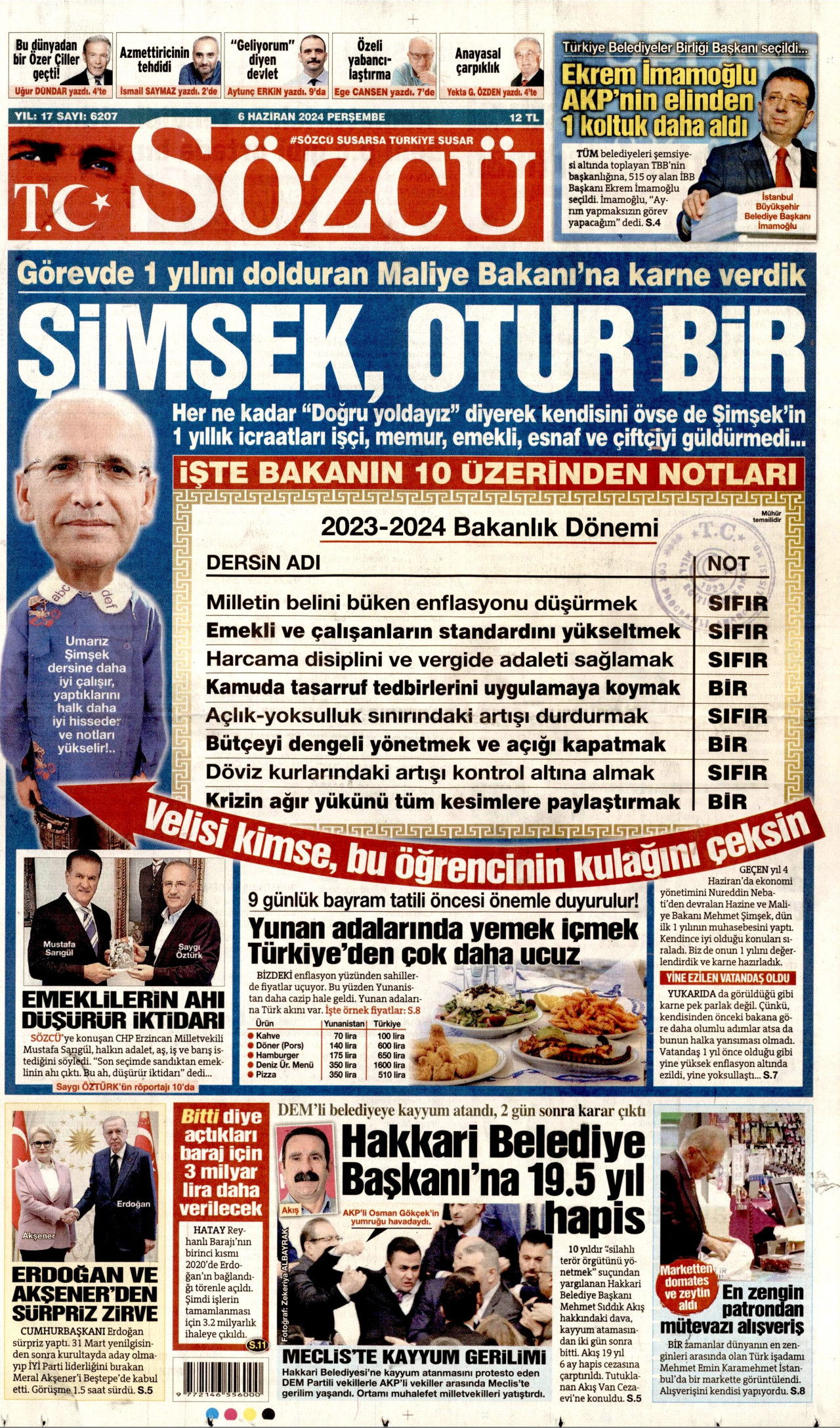 SÖZCÜ gazetesinin 6 Haziran 2024 tarihli birinci sayfası