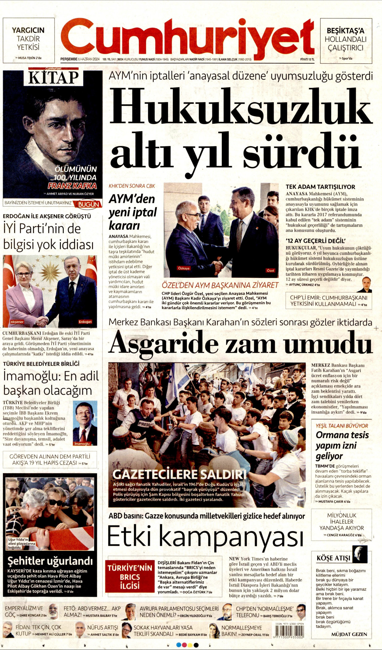 CUMHURİYET gazetesinin 6 Haziran 2024 tarihli birinci sayfası