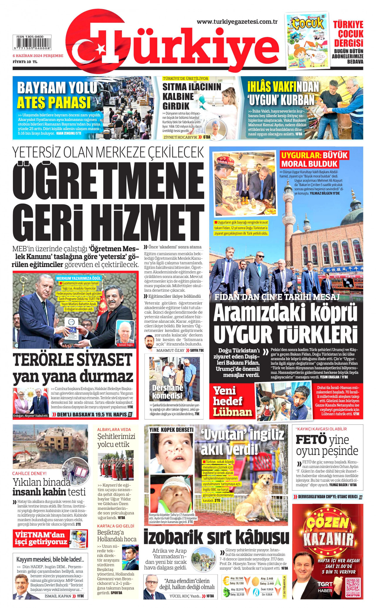 TÜRKİYE GAZETESİ gazetesinin 6 Haziran 2024 tarihli birinci sayfası