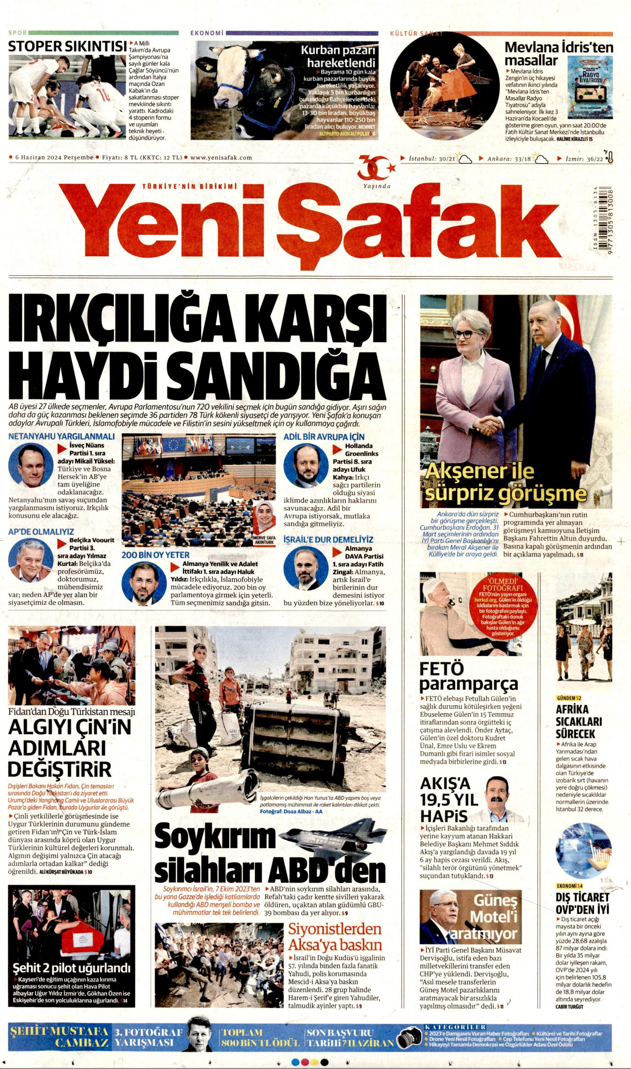 YENİ ŞAFAK gazetesinin 6 Haziran 2024 tarihli birinci sayfası