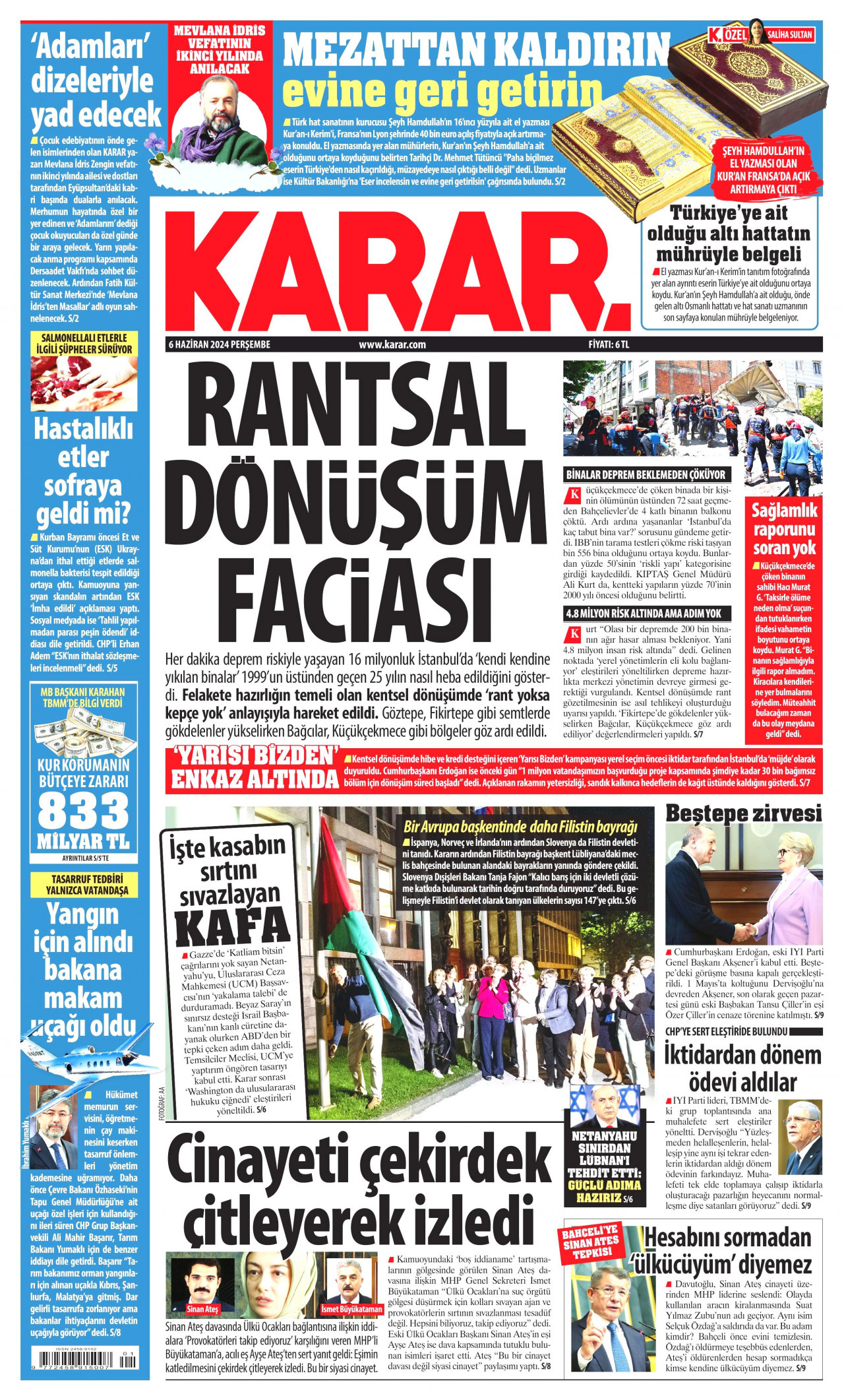 KARAR gazetesinin 6 Haziran 2024 tarihli birinci sayfası