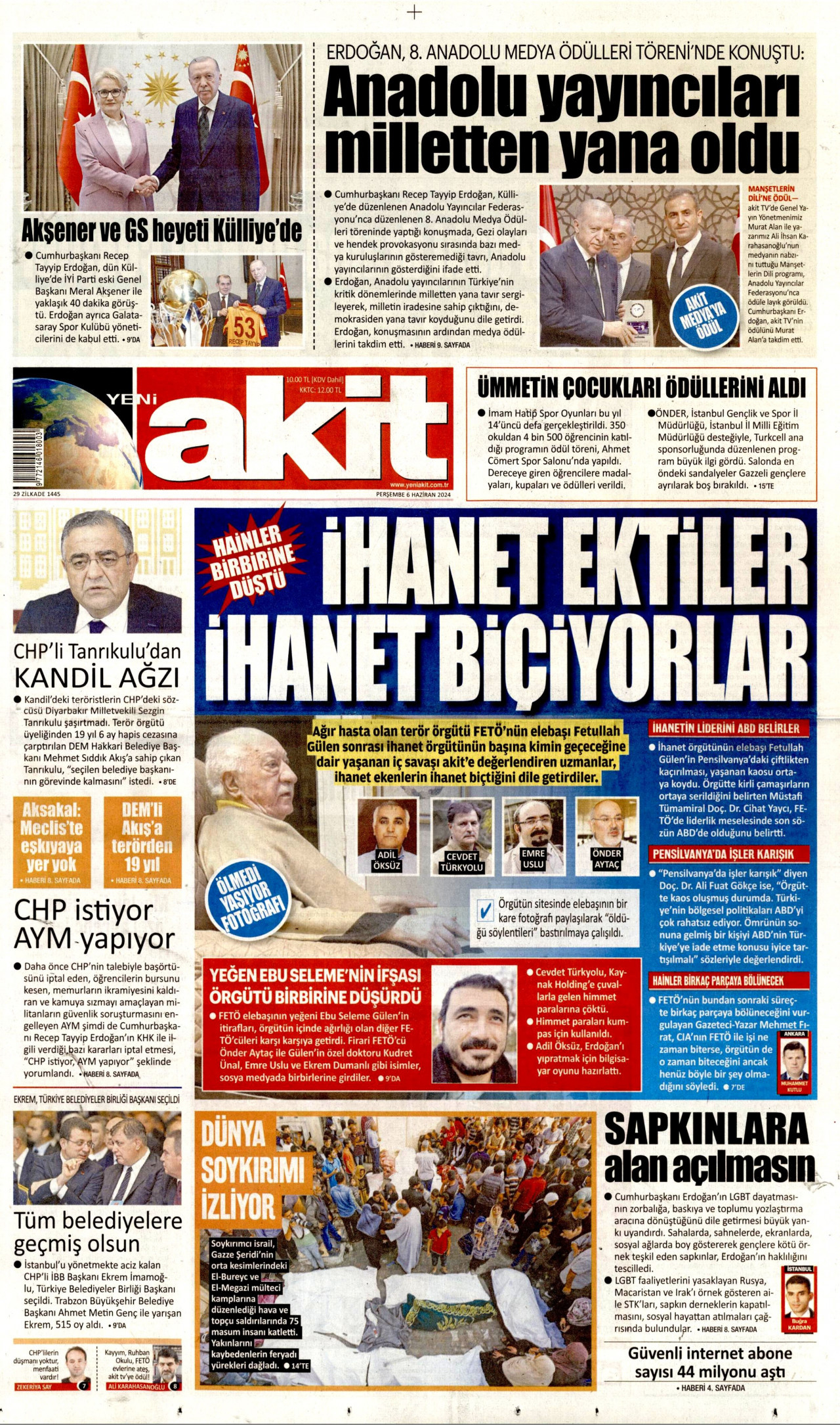 YENİ AKİT gazetesinin 6 Haziran 2024 tarihli birinci sayfası