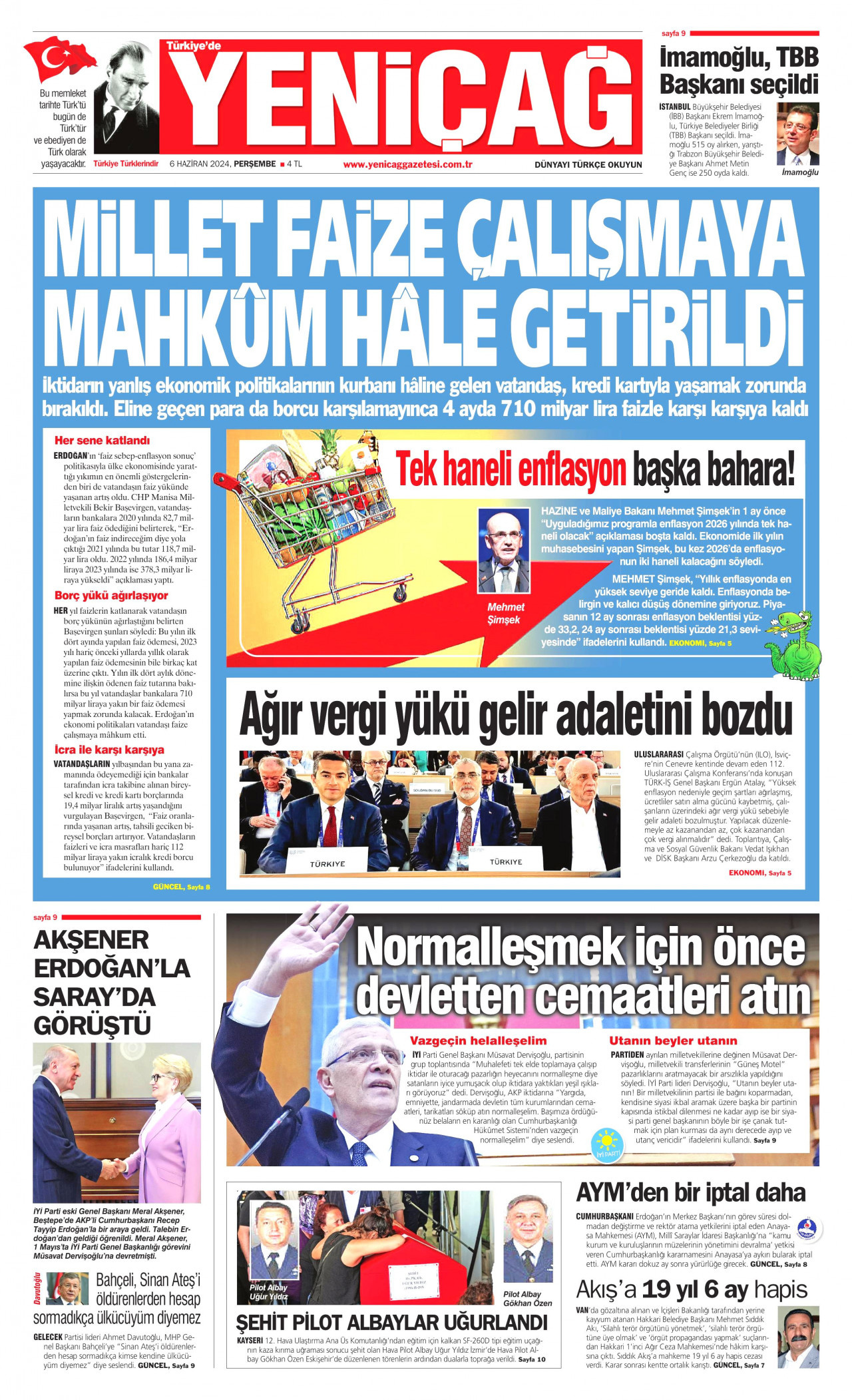 YENİÇAĞ gazetesinin 6 Haziran 2024 tarihli birinci sayfası